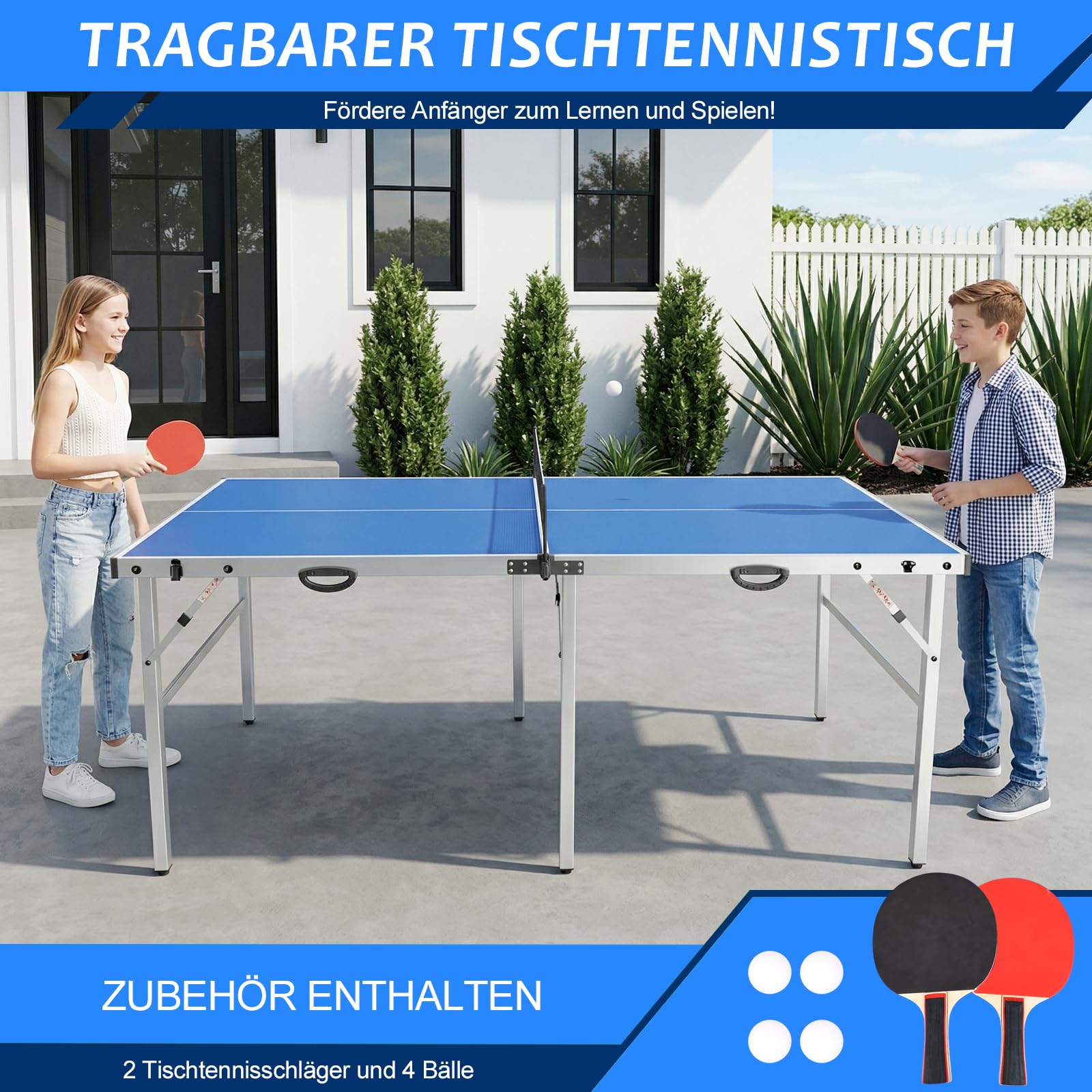 Klappbarer Tischtennistisch, 182 x 91 x 76 cm, wetterfest, mit Griff und Netz, inklusive Zwei Schlägern und Ball, geeignet für Innen- und Außenbereich