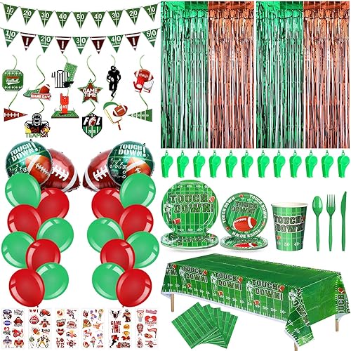 Shappy 165 piezas de suministros de fiesta de fútbol, mantel, bandera, remolinos, globos, falda de mesa, tatuajes, silbatos, platos, tazas,