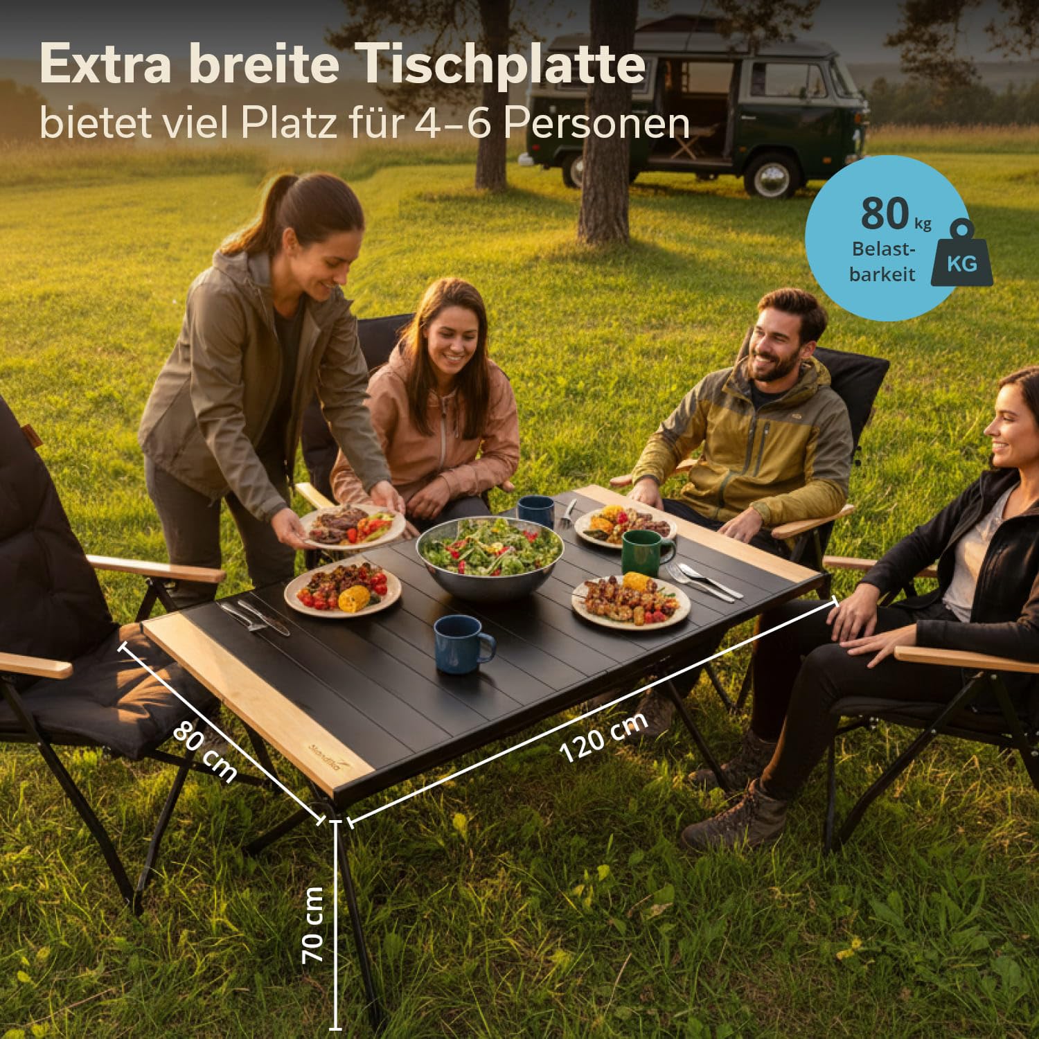 skandika Mesa de Camping de Aluminio con Madera Tivaro | para 4/6 Personas, Carga de hasta 80 kg, Impermeable, Plegable, Ligera (120 x 80 x 70)