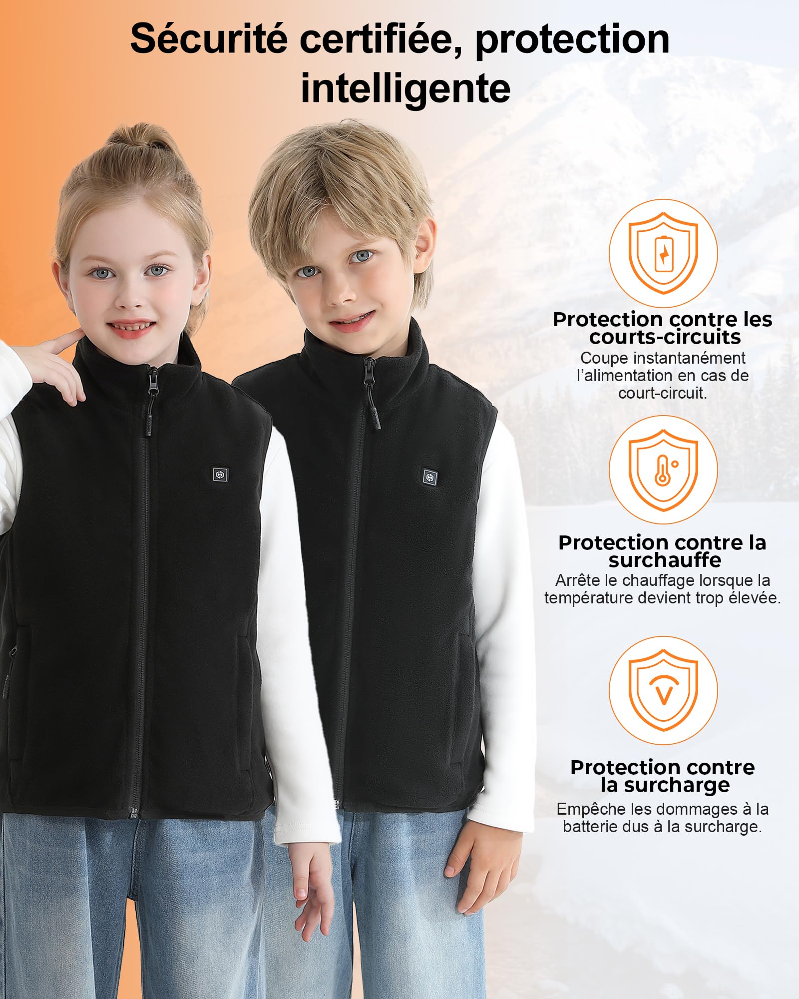 Gilet Chauffant Enfant avec Batterie 7,4 V 12000 mAh, Gilet Chauffant Enfants Polaire avec 5 Zones de Chauffage, Veste Chauffante Enfant Mixte enfant 5-14 ans pour Garçons Filles Hiver