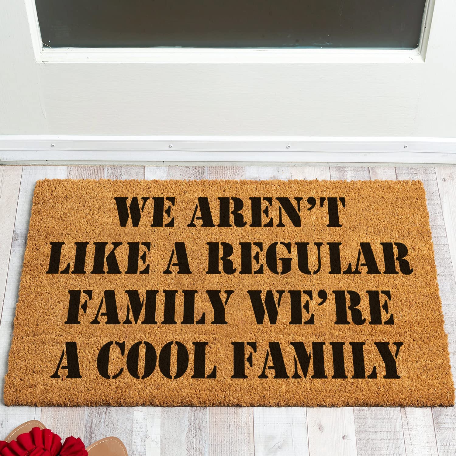 JiXianJu Funny Coir Doormat WE AREN’T Like A Regular Family WE’RE A Cool Family Welcome Front Porch Decor Doormat for The Entrance Way Personalized Rugs Non Slip Outdoor Coir Doormat 23.6 x 15.7 inch