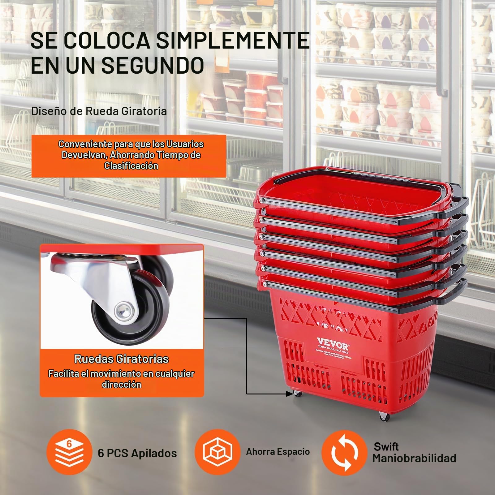 VEVOR Cesta Roja de la Compra, 6 Piezas, 39 L, Carros de la Compra con Asas y Ruedas de Plástico de 540 x 530 x 365 mm, Cesta de la Compra Portátil Grande para Supermercado, Tiendas Minoristas
