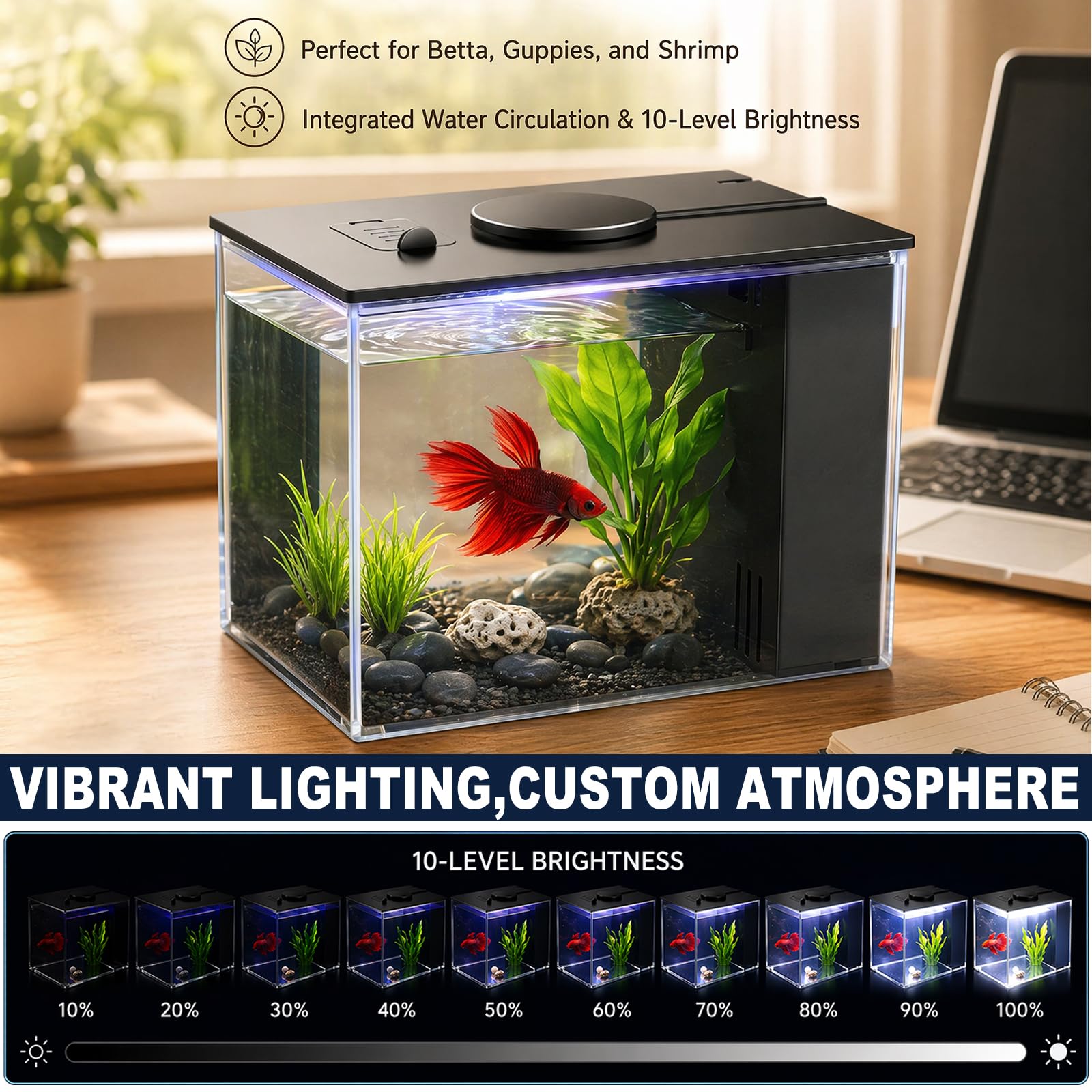 Zestaw startowy do akwarium, 3,7 l, małe akwarium Betta z akrylu, z pompą filtrującą i pokrywką i oświetleniem LED, do Aquascape DIY małych ryb, krewetek, basenów rybnych