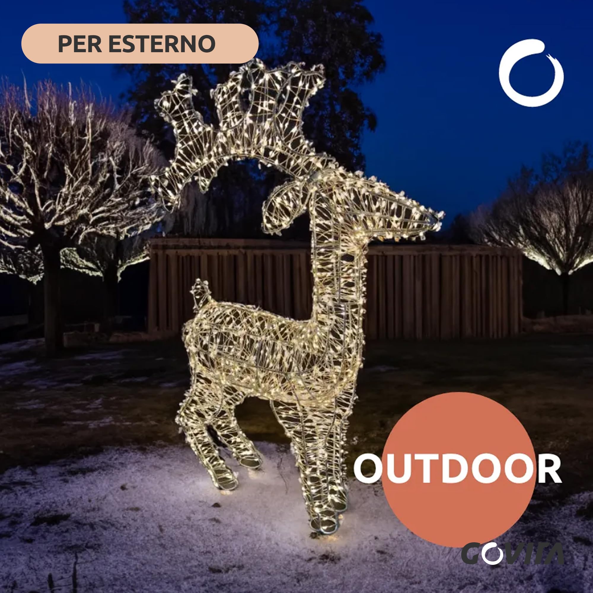 GOVITA Renna Natalizia Luminosa 3D con MicroLED, Struttura in Acciaio Zincato, Impermeabile per Esterno/Interno, Luce Bianco Caldo, Addobbo Natale per Giardino e Casa, Modello Senza Slitta