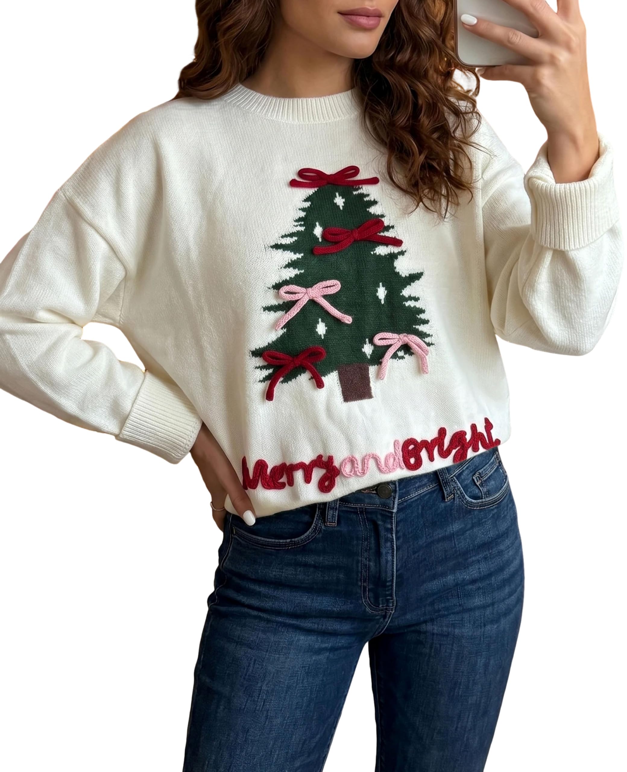SELINK Women's Holiday Sweater Crew Neck Print Casual Long Sleeve Pullover