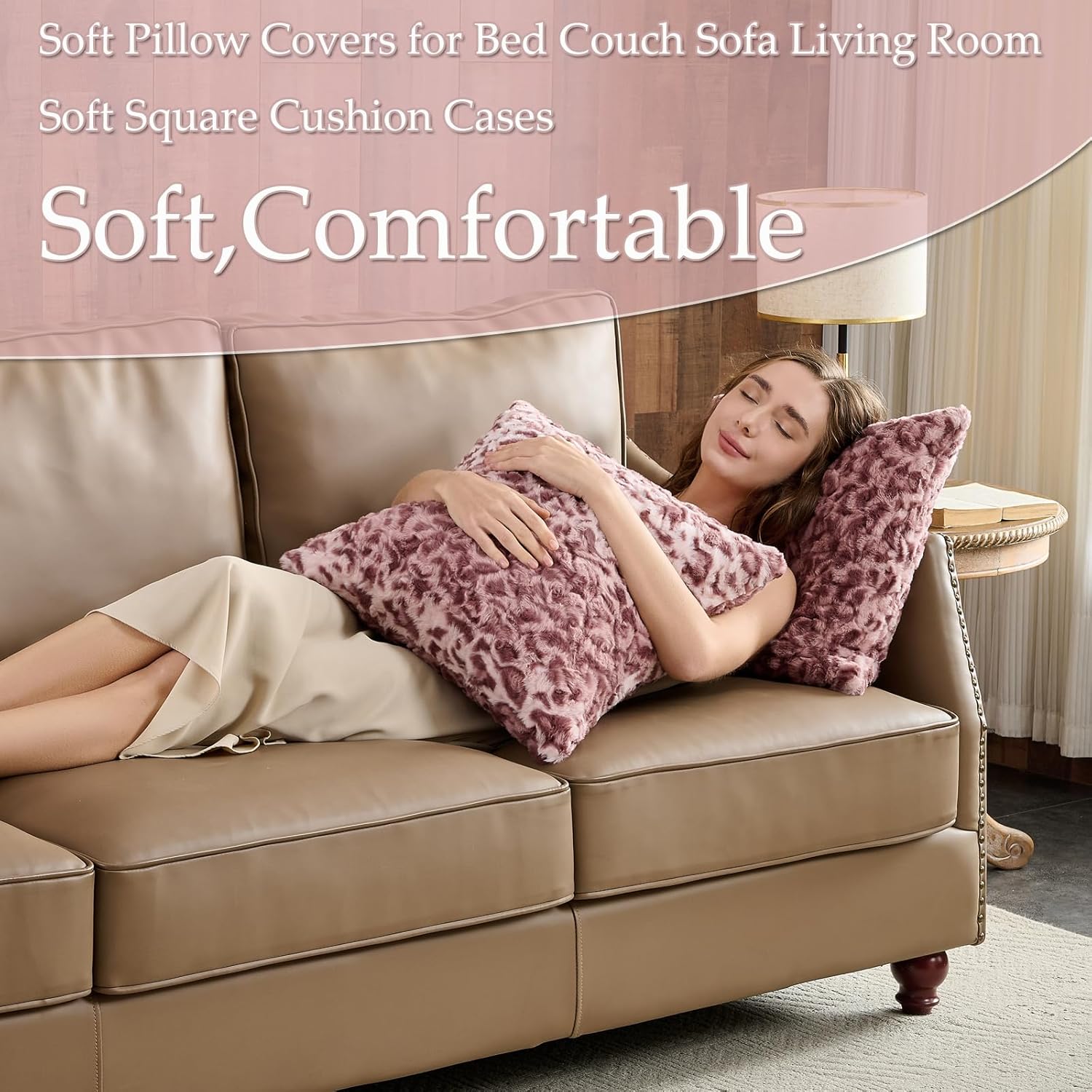 Throw Pillow Covers Set of 2,Plush Shaggy Soft Pillow Covers, Fuzzy Decorative Leopard Print Pillow Cases,Modern Decorative Couch Pillows for Living Room 24x24 Inch-Pink Leopard