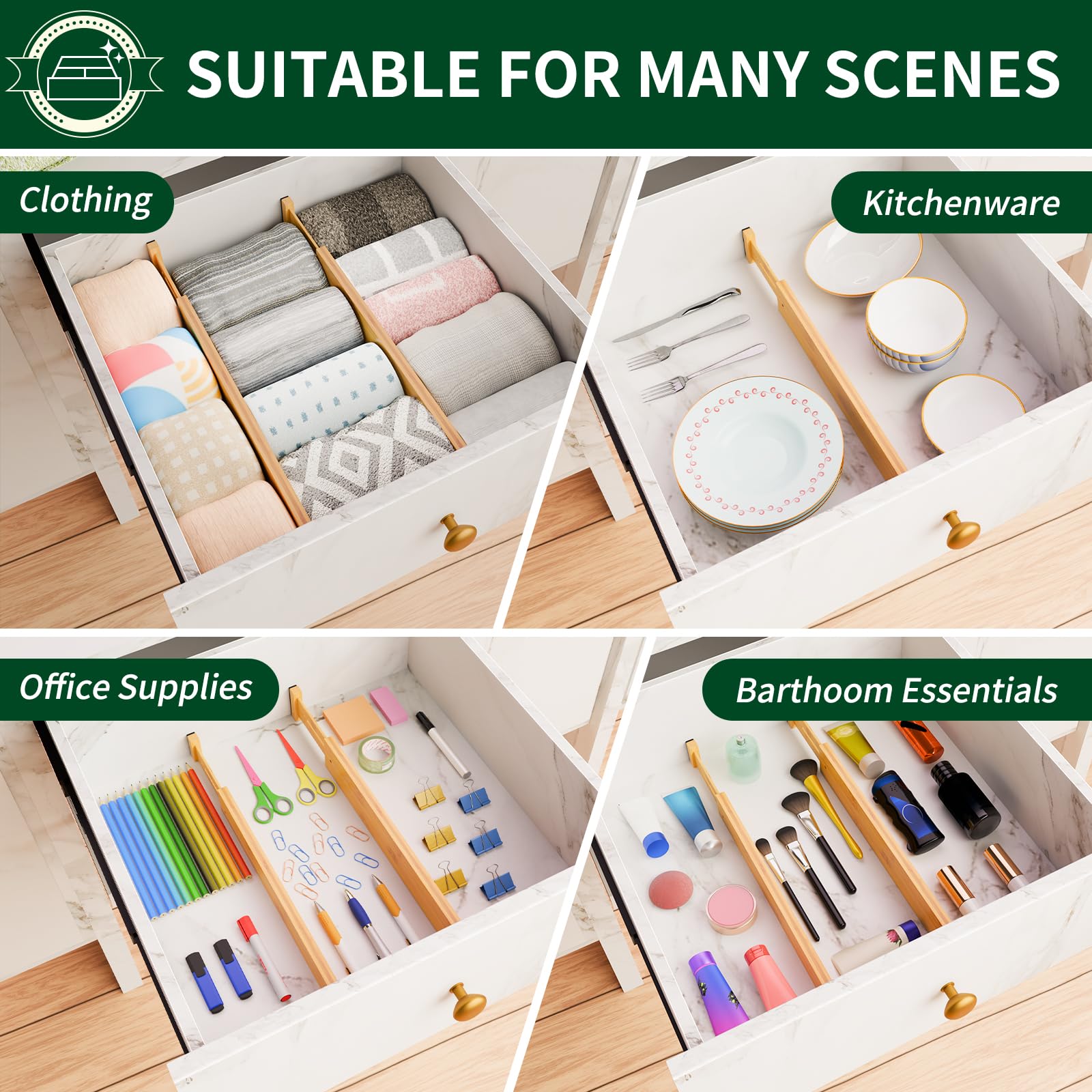 Dunruz Confezione da 6 divisori in bambù per cassetti, altezza 6,6 cm, 43,2-55,9 cm, regolabili, organizer per cassetti a molla, per cucina, cassettiera, bagno, camera da letto e ufficio