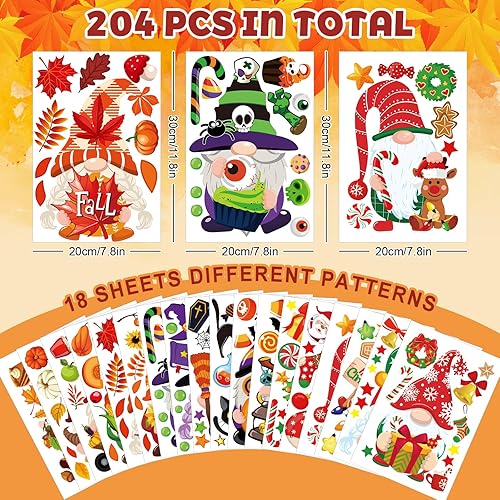 Miniatura 5 de Whaline 204 calcomanías de gnomo de Navidad de Acción de Gracias, Halloween, coloridos gnomos, calabaza, murciélago, árbol de Navidad, calcomanías