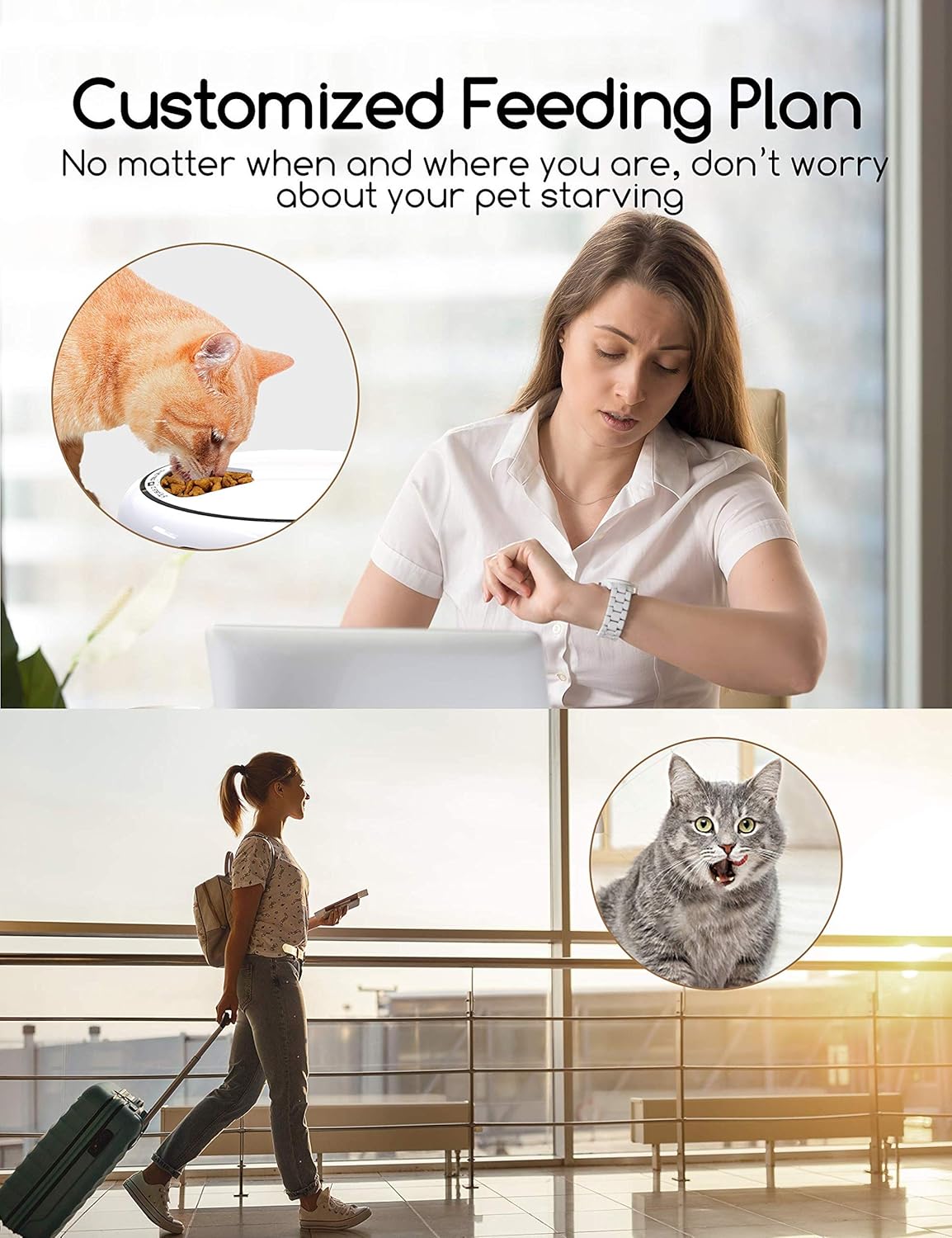 A woman checking her watch while a cat eats from the feeder, and a woman traveling with a suitcase, implying the feeder provides convenience for pet owners.