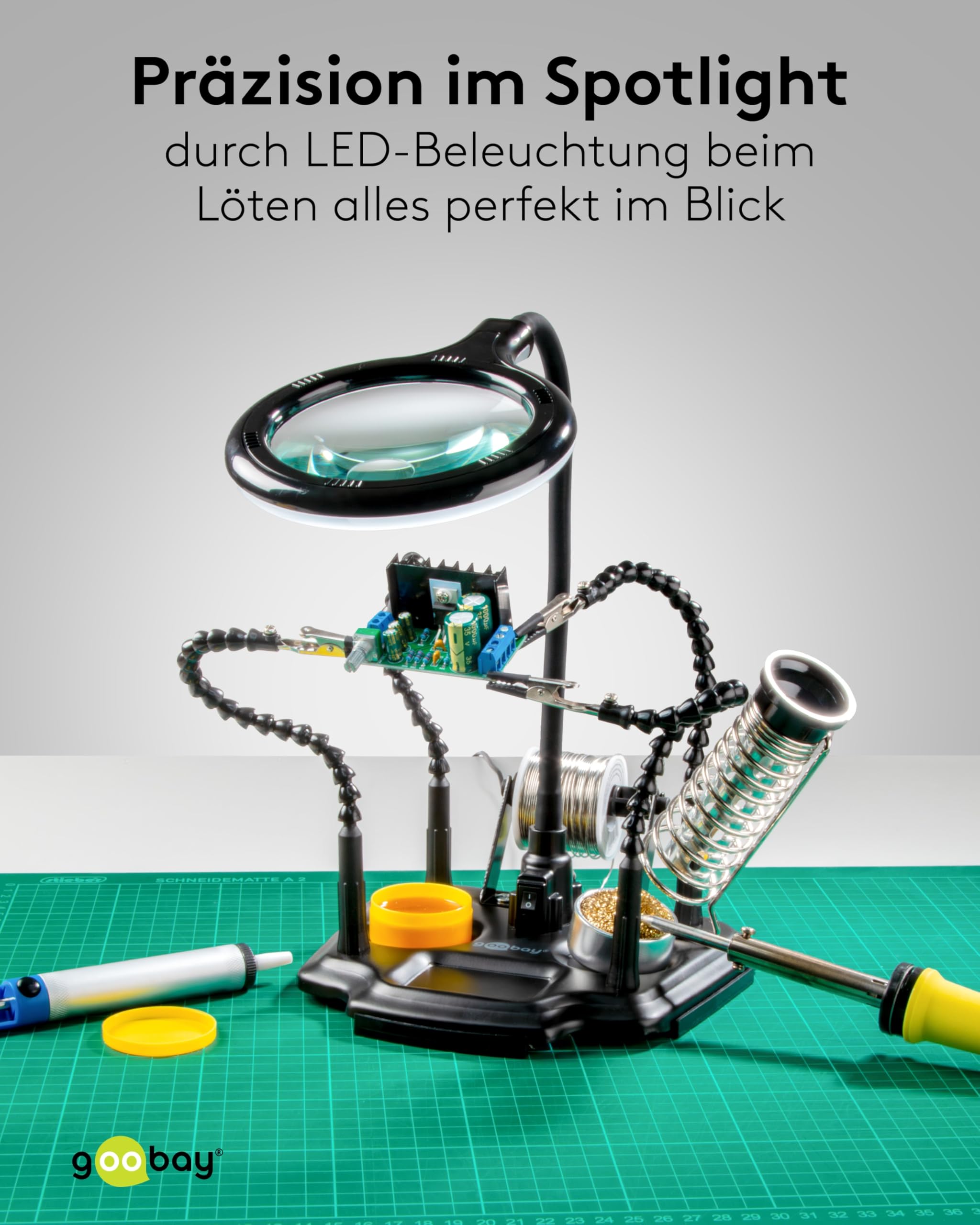 goobay 76558 pomoc do lutowania z 4 elastycznymi ramionami typu łabędzia szyja i zaciskami krokodylkowymi, lupa LED z USB-C, trzecia ręka, do lutowania i majsterkowania, uchwyt do lutownicy - z