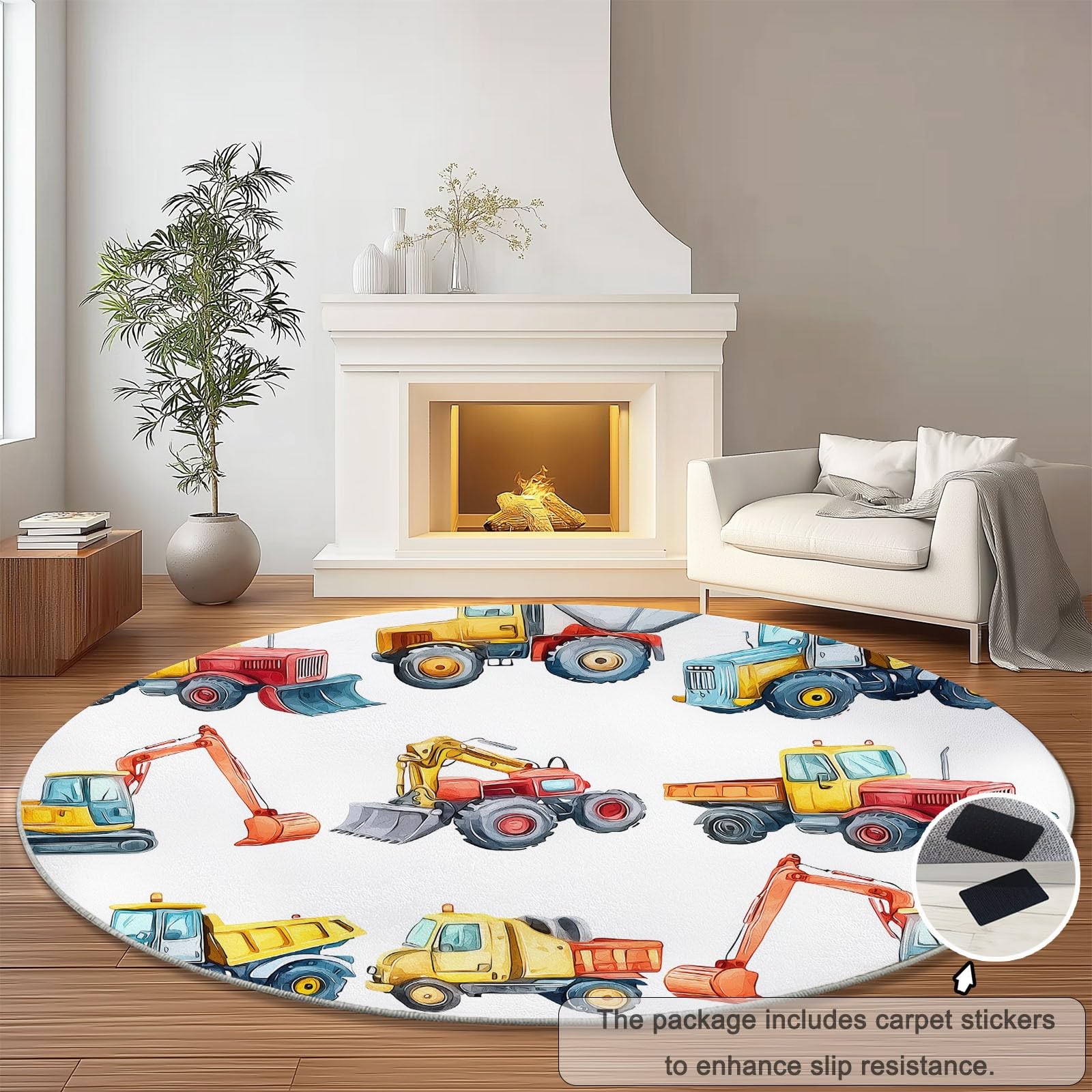 Generico Tappeto rotondo per soggiorno Modello Di Veicolo Da Costruzione, Stile Cartone Animato Tappeto morbido antiscivolo per sala da pranzo, camera da letto, cameretta bambini, 150 cm, Bianco