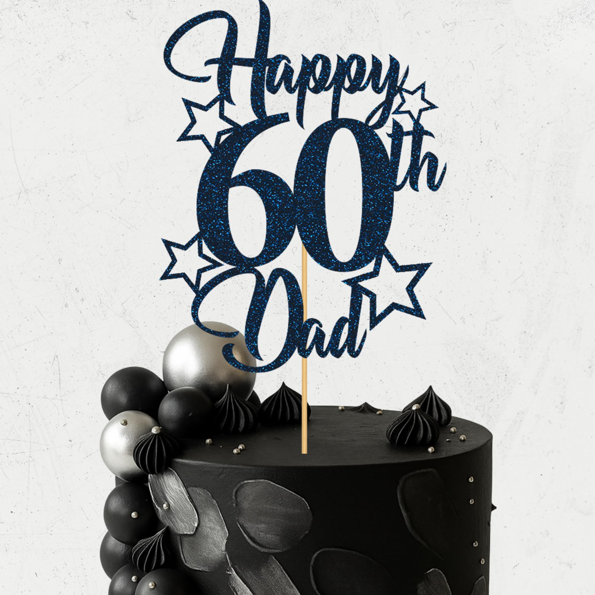 Glitter Birthday Cake Topper for Dad with stars, Birthday Cake Topper, Party Decorations, Party Supplies, 40, 50, 60, 70,80, 90 Many colours (60th, Navy blue (20cm))