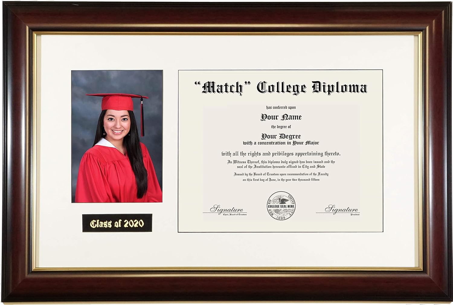 Diploma Frame (for Size 8 1/2" x 11") - Black/White Mat, Burgundy w/Gold Trim Frame (3 Options!) (White Mat, Diploma + Grad. Photo)