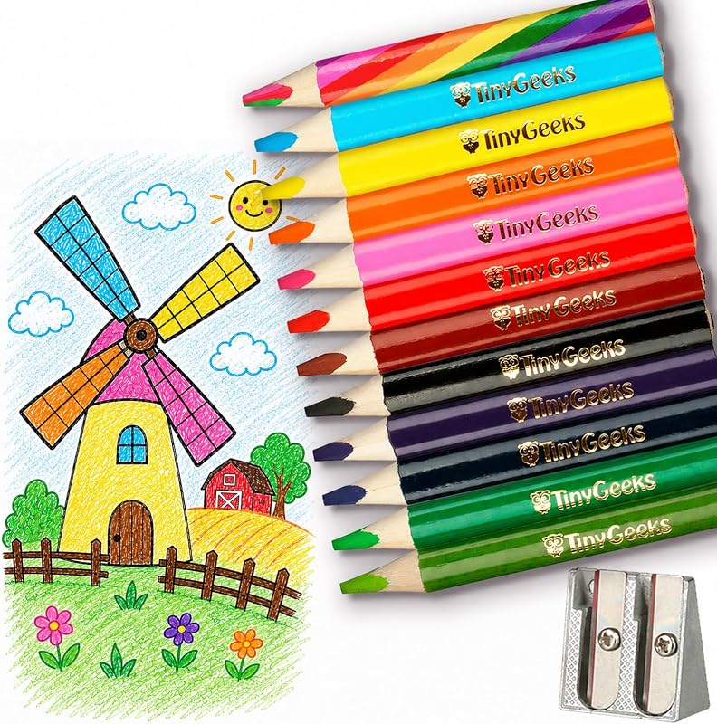 Jumbo Fat Triangle Colored Pencils for Kids, Toddler Pencils Set of 12 | Includes rainbow pencil & sharpener with thick 5mm natural wood core builds grip & proper writing posture - teacher approved