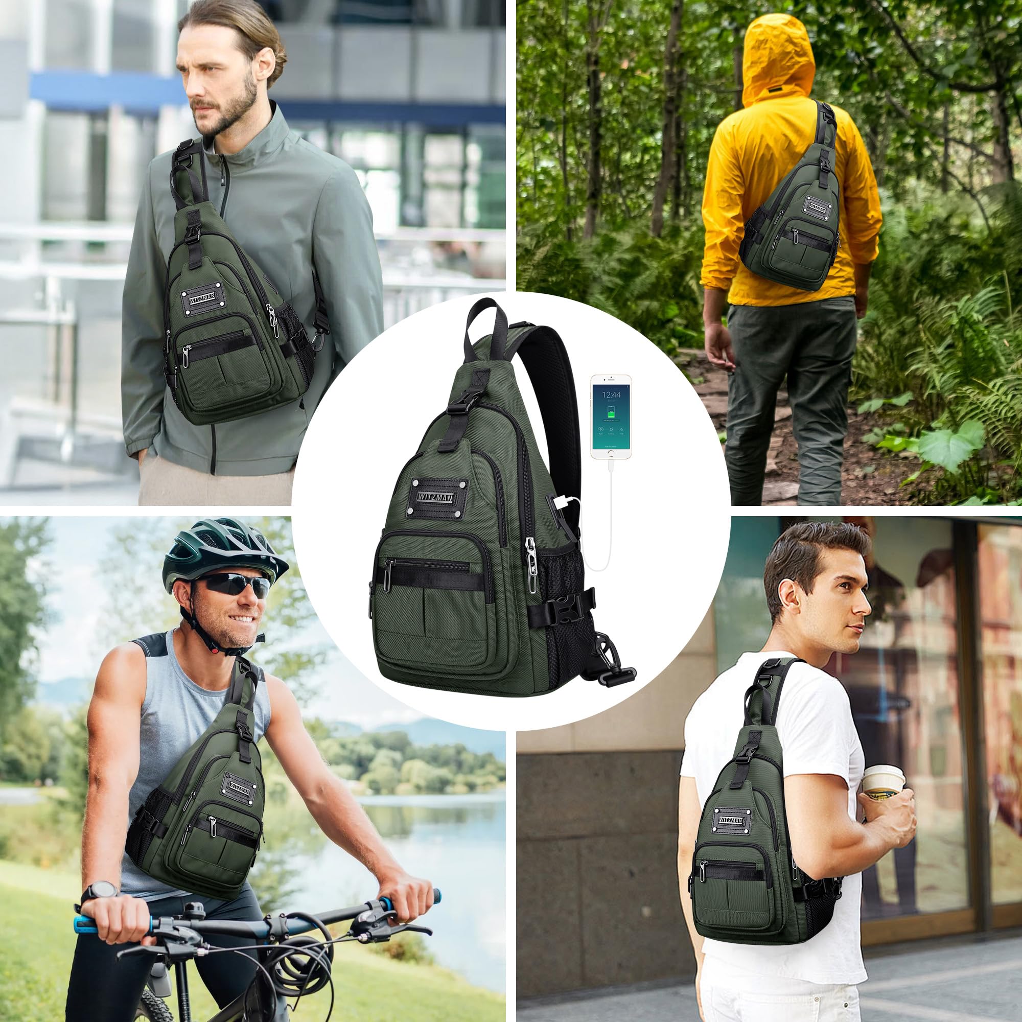 WITZMAN Umhängetasche für Herren 19L Reise Sling Bag mit USB-Ladeport | Schultertasche und Brusttasche Wasserabweisend Mehrere Fächer Passt 9,7 Zoll iPad für Alltag Outdoor und Arbeit,B735