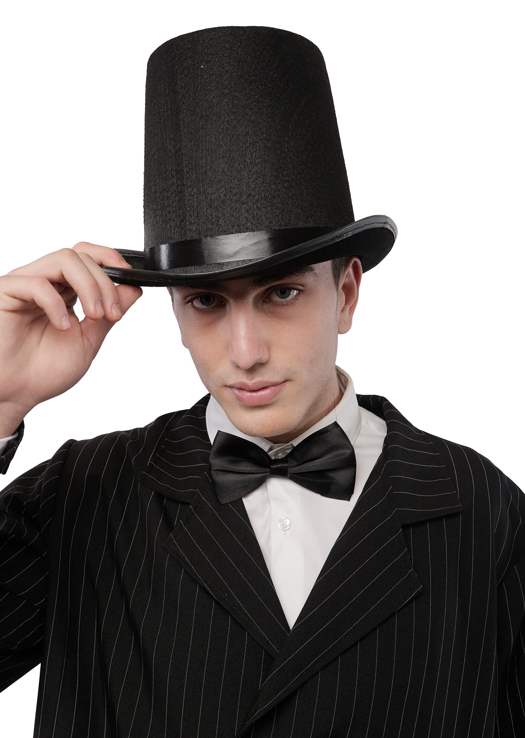 Sombrero Negro de Copa y Lazo para Adulto, Chistera Mago Hombre con Cinta de Raso para Disfraces Cosplay Carnaval Halloween, Talla única