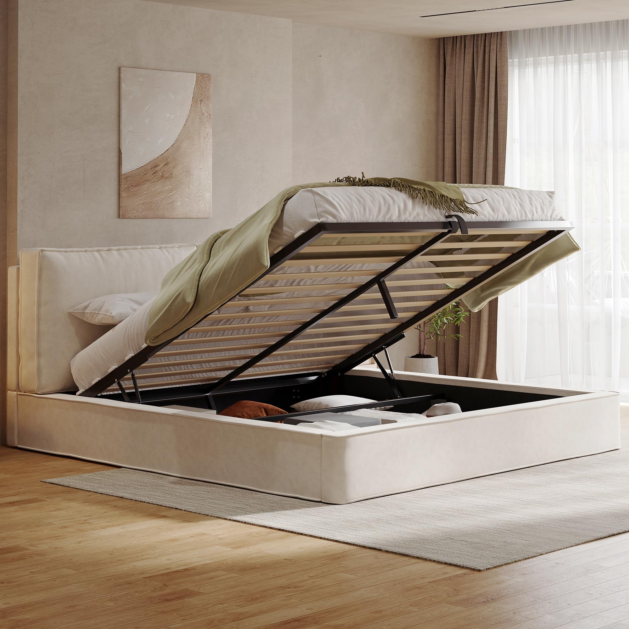 Letto a piattaforma imbottito 180 x 200 cm, con Contenitore letto regolabile idraulicamente, letto con rete a doghe, testiera imbottita,letto matrimoniale ciniglia beige(Senza Materasso)