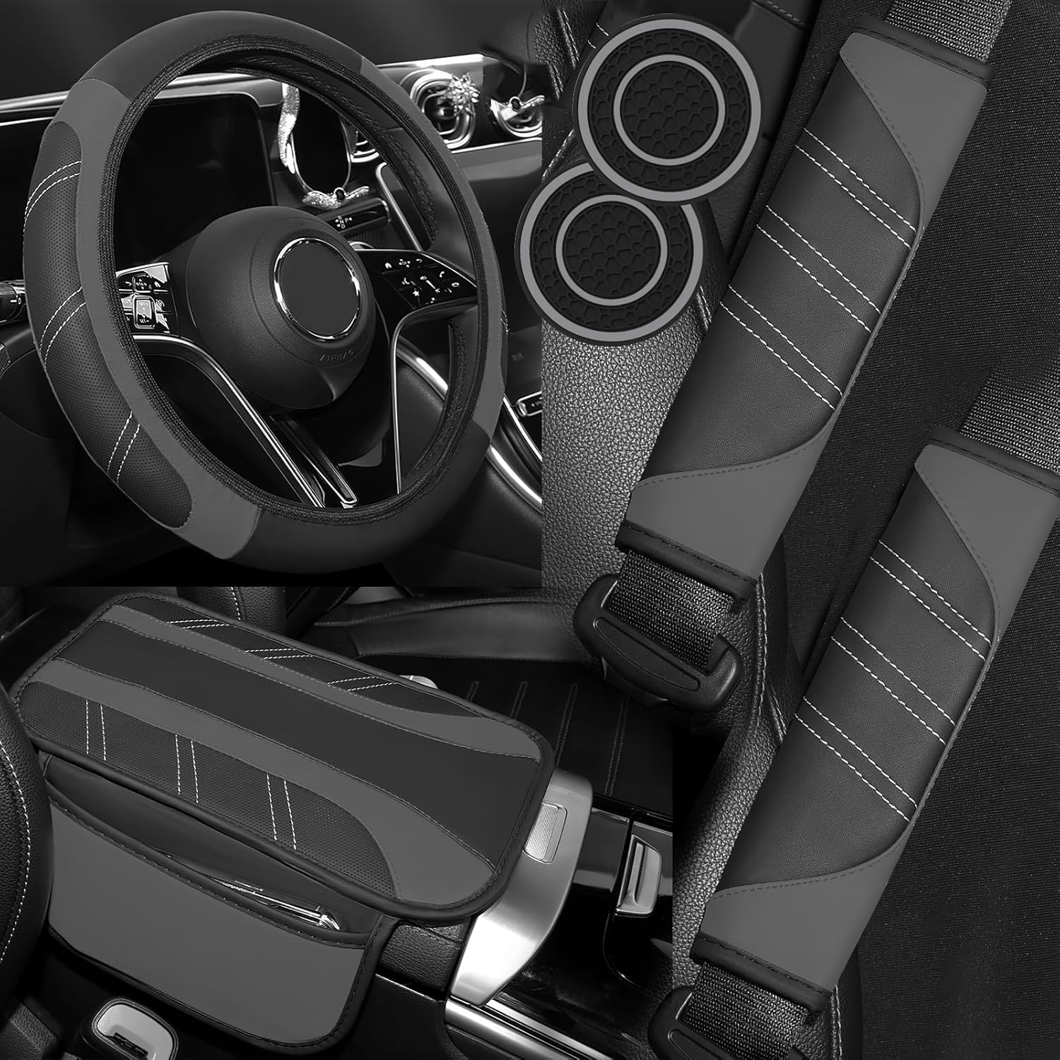 6PCS Black Car Accessories Set, Sporty Auto Interior Decoration Accessories with Leather Car Steering Wheel Cover, Center Console Cover, Seat Belt Shoulder Pads, Cup Coasters (Black)