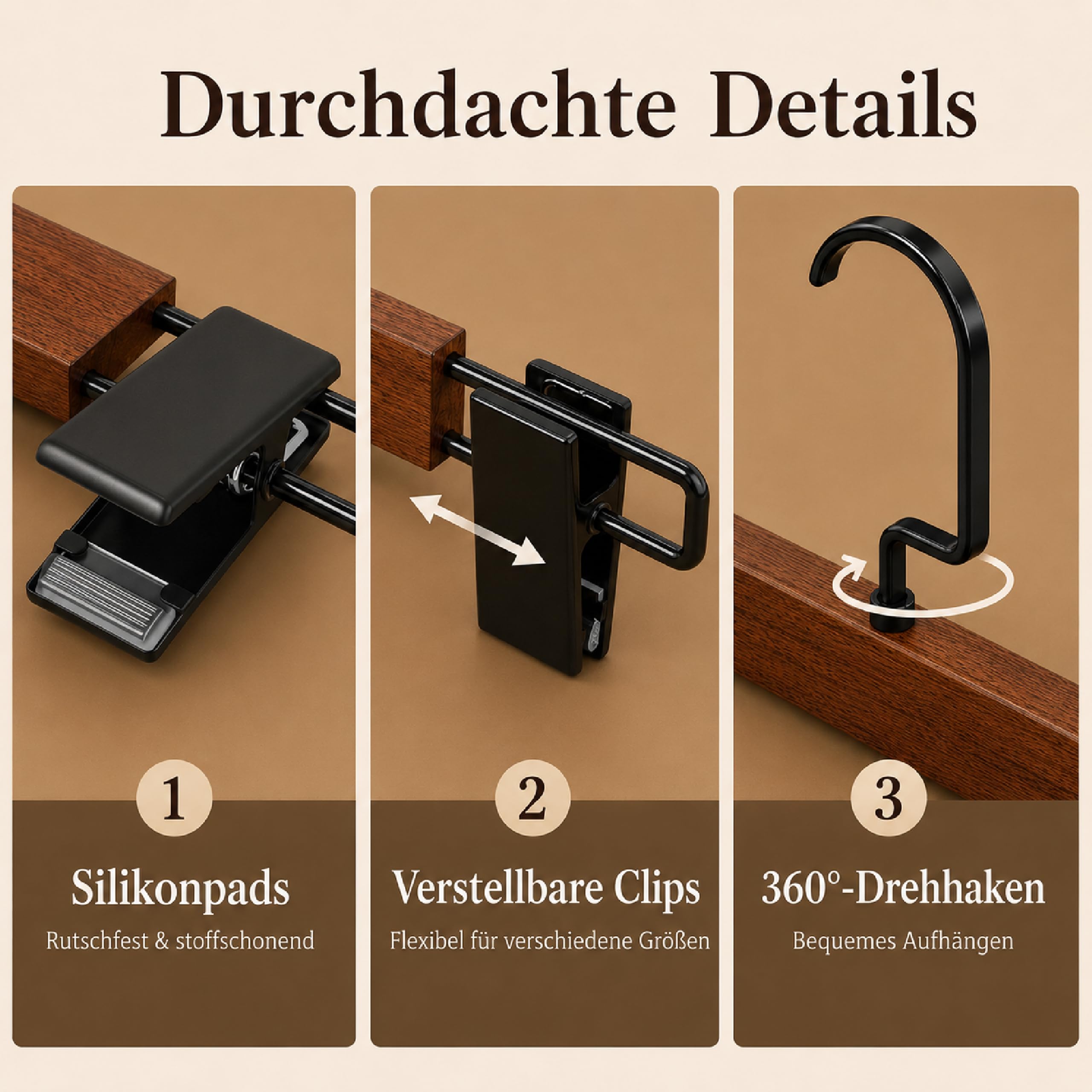 30 Stück Hosenbügel Holz mit Verstellbaren Clips, Rockbügel Walnuss