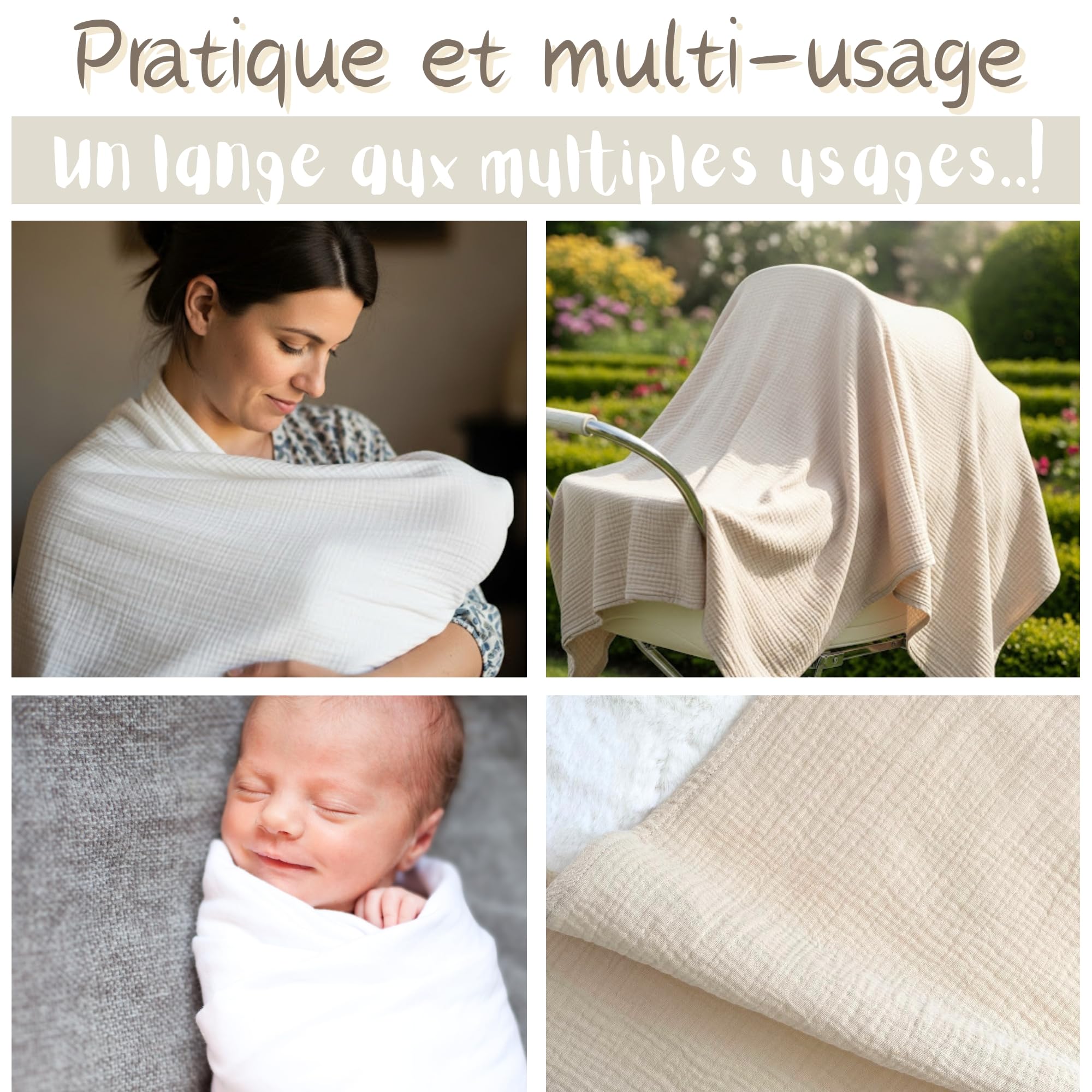 Lot de 2 Langes Bébé 120x120 cm – 100% Gaze de Coton Bio Ultra Douce – Couvertures d’Emmaillotage – Idée Cadeau de Naissance Mixte.