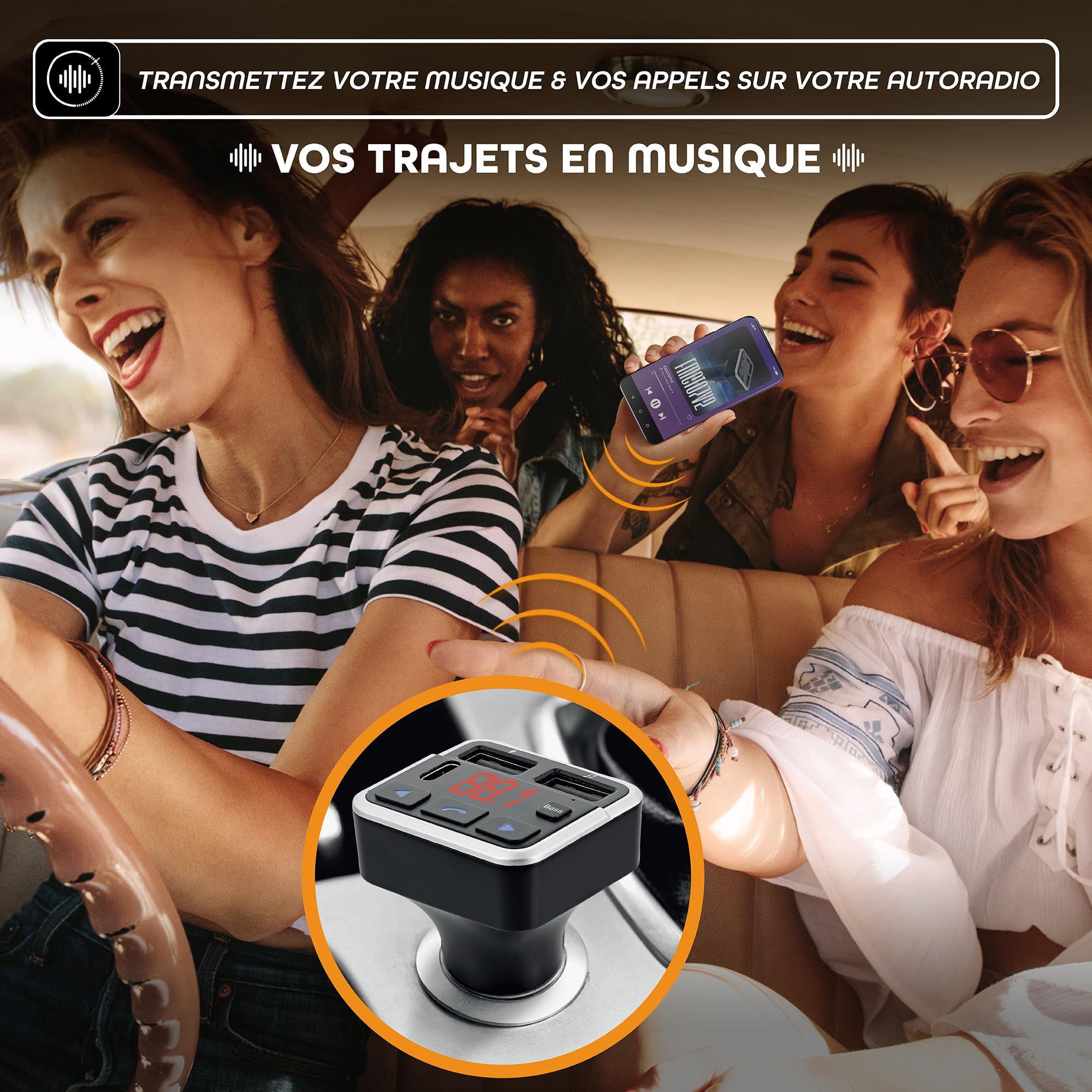 T'nB - Transmisor FM Bluetooth 3 en 1, kit de mano libre integrado, dos puertos USB-A Max y un puerto USB-C - Negro