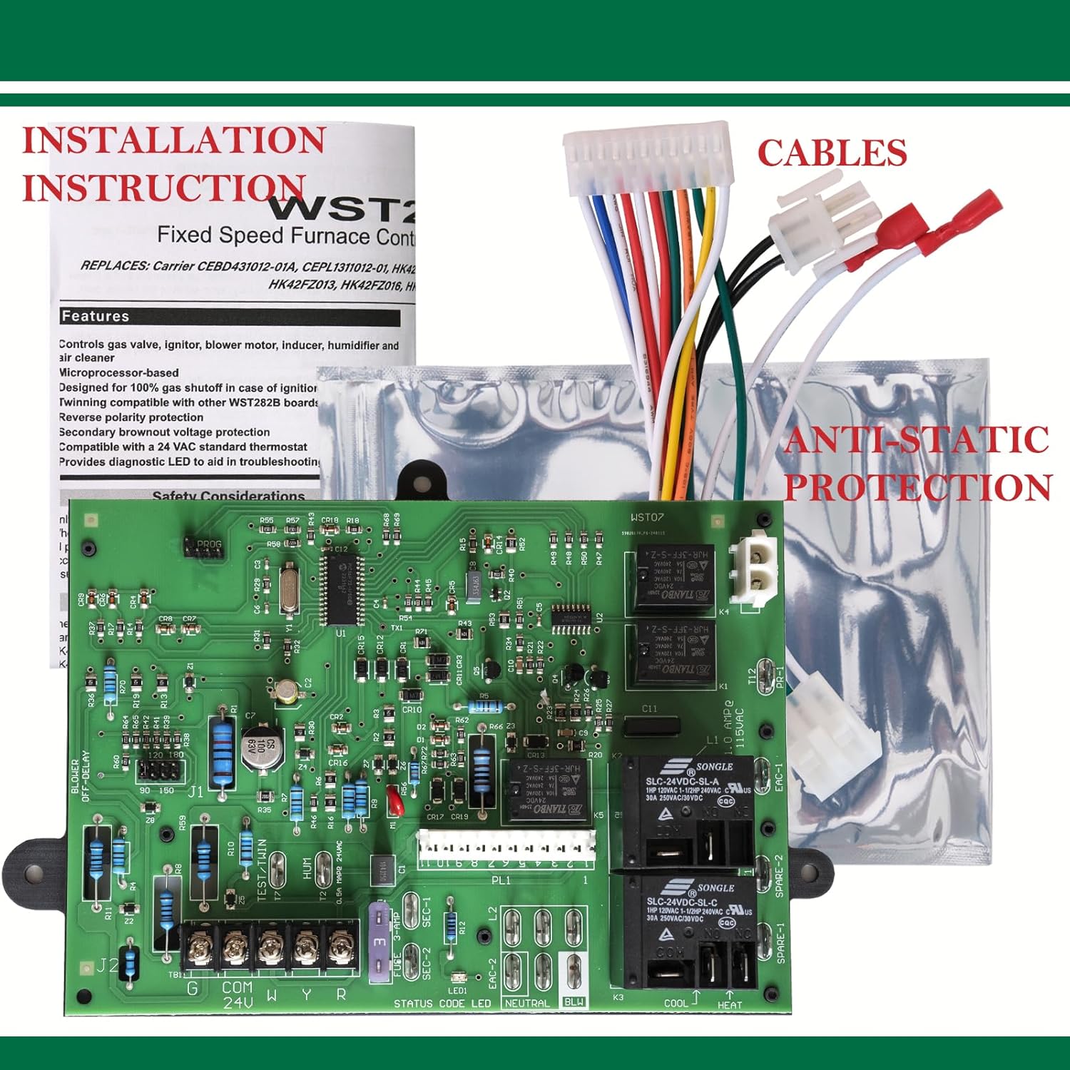 ICM282A Furnace Control Board with anti-static protection and cables