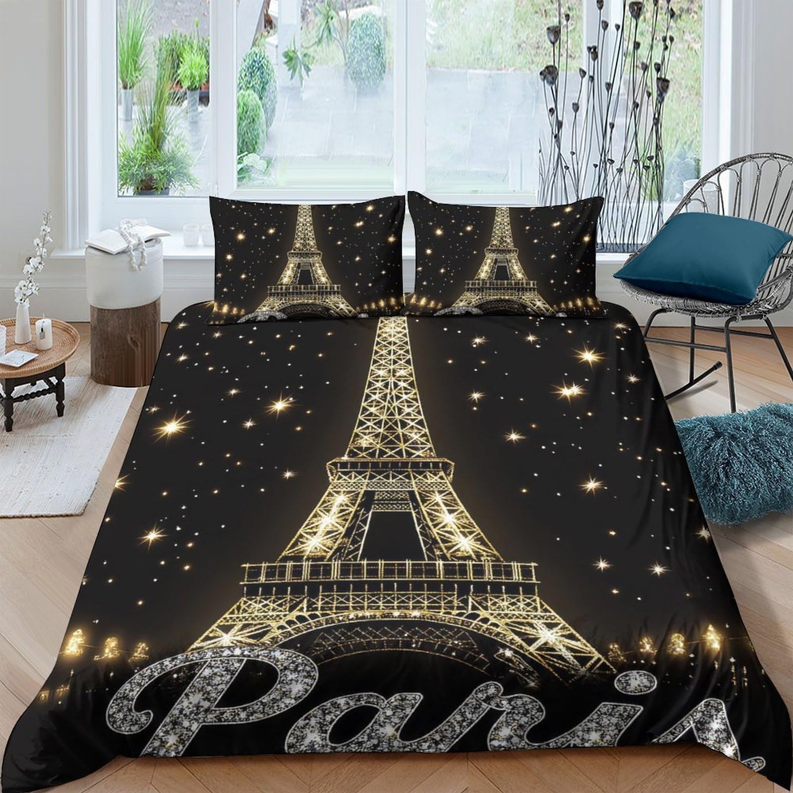 Ctjqhvkz Style-9 3D Printed Eiffel Tower Fitted Sheet Microfiber Black Night Paris Mattress Cover For Bedroom Guest Room Decor Single（135X200cm）