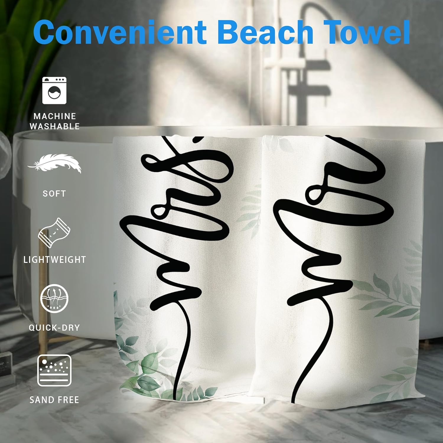 Mr and Mrs Beach Towel Set of 2, Honeymoon Wedding Beach Towels Gifts for Newlywed Couple Bride Groom Valentines, Rustic Green Leaf Botanical Towels Oversized Decor for Bathroom 30x60 in - Image 6