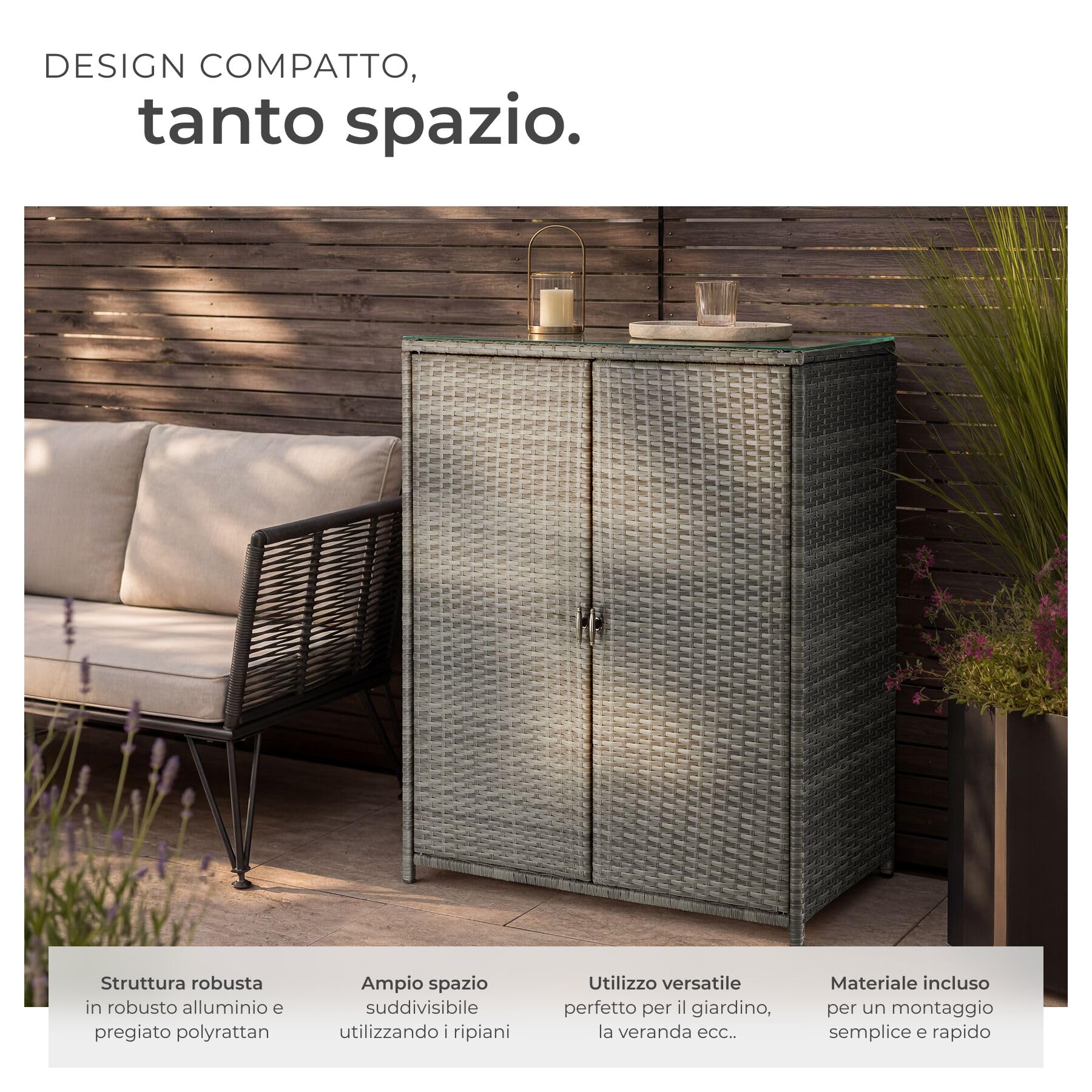 Tectake Armadio da Giardino in Rattan 84x40x103 cm 4 Scomparti Grigio