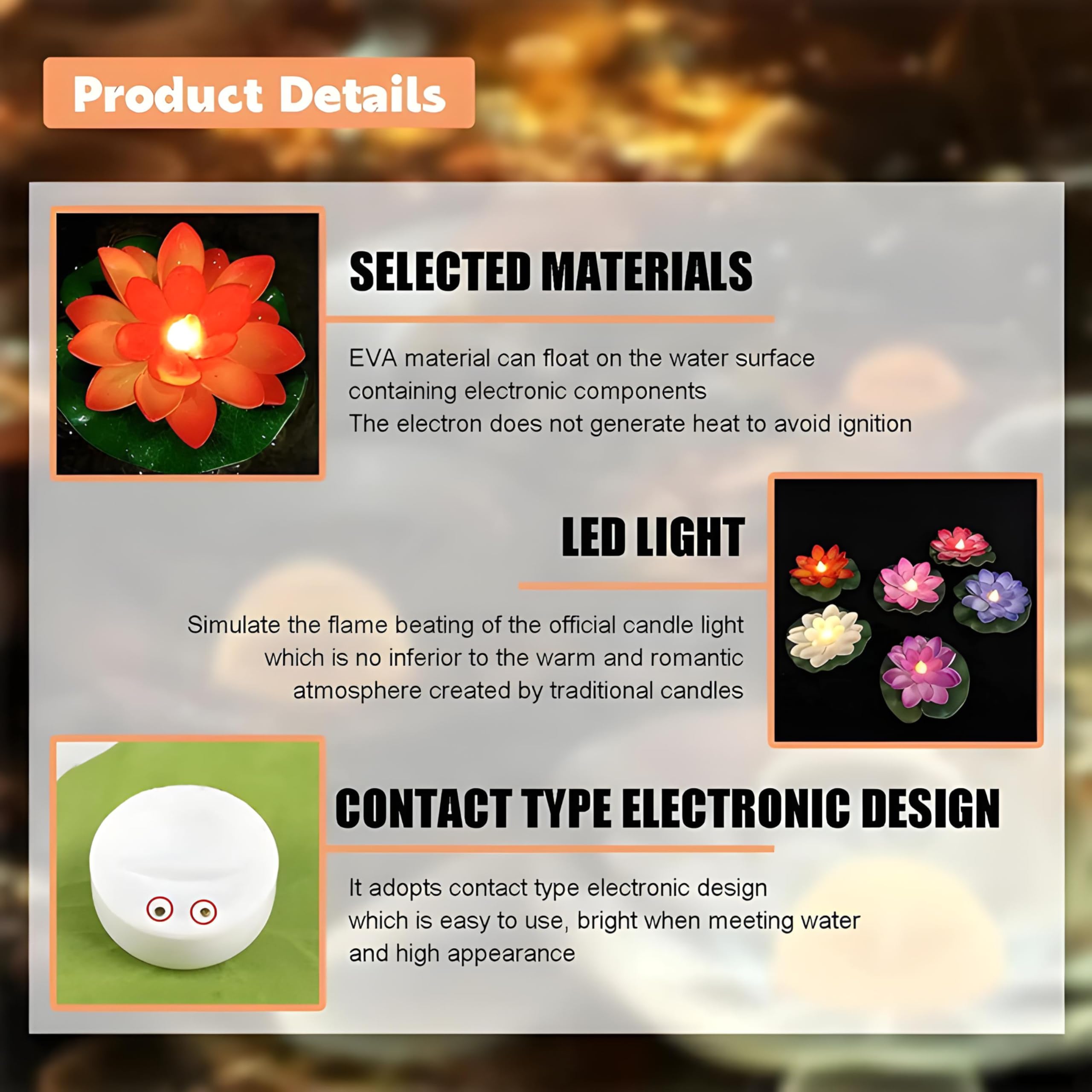 Amster Floating LED Lotus Tea Light Candles - Sensor-Activated, Smokeless, Multicolor for Pool, Garden, Home, and Festival Decoration (Pack of 4) 2