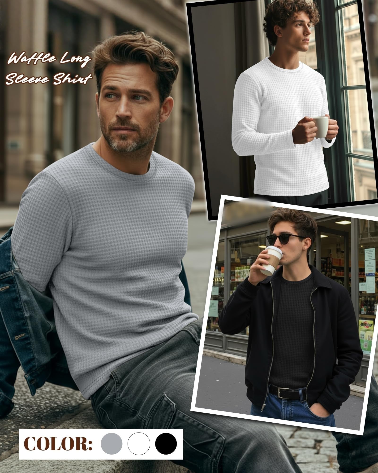 Camicie da uomo a maniche lunghe a nido d'ape, biancheria intima termica, girocollo, maglioni, pullover casual, top in maglia testurizzata strato di base