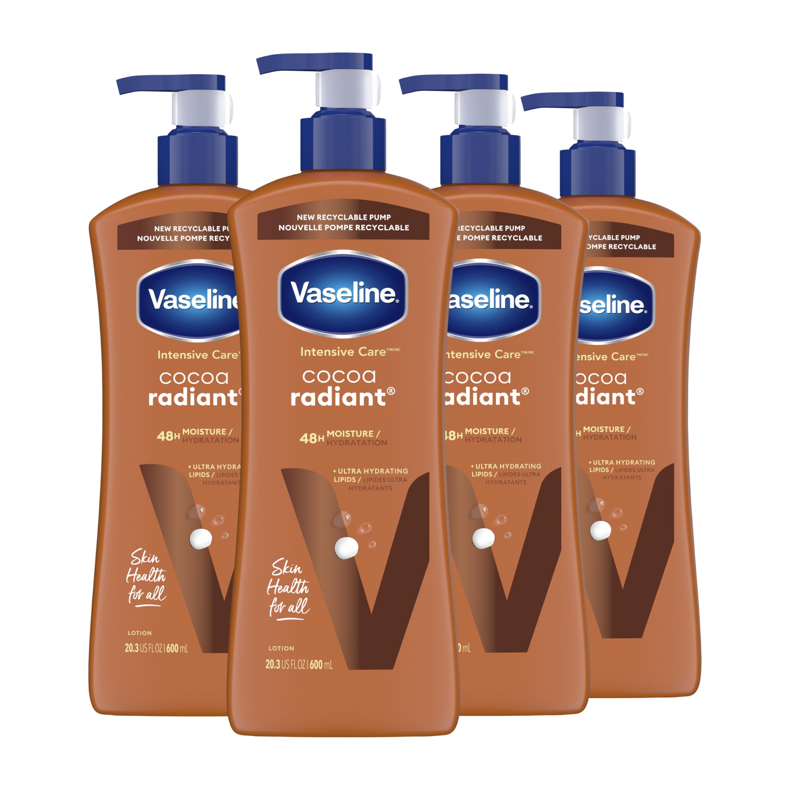 Vaseline Intensive Care Body Lotion Cocoa Radiant 4 Count for Dry Skin Lotion Made with Ultra-Hydrating Lipids and Pure Cocoa Butter for a Long-Lasting, Radiant Glow 20.3 Oz