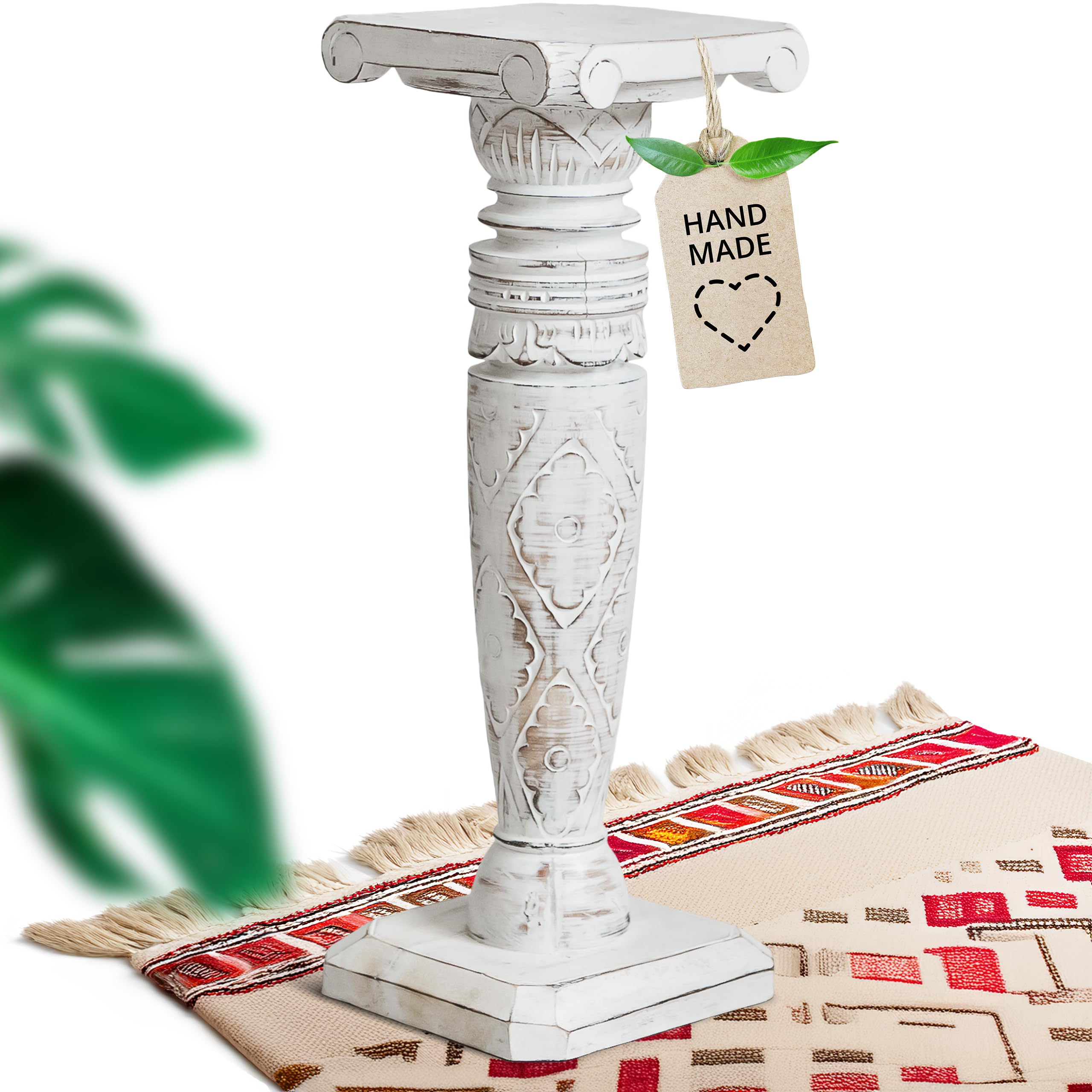 Support pot en bois colonne Bali Livasia blanc 60 cm, piédestal motif antique