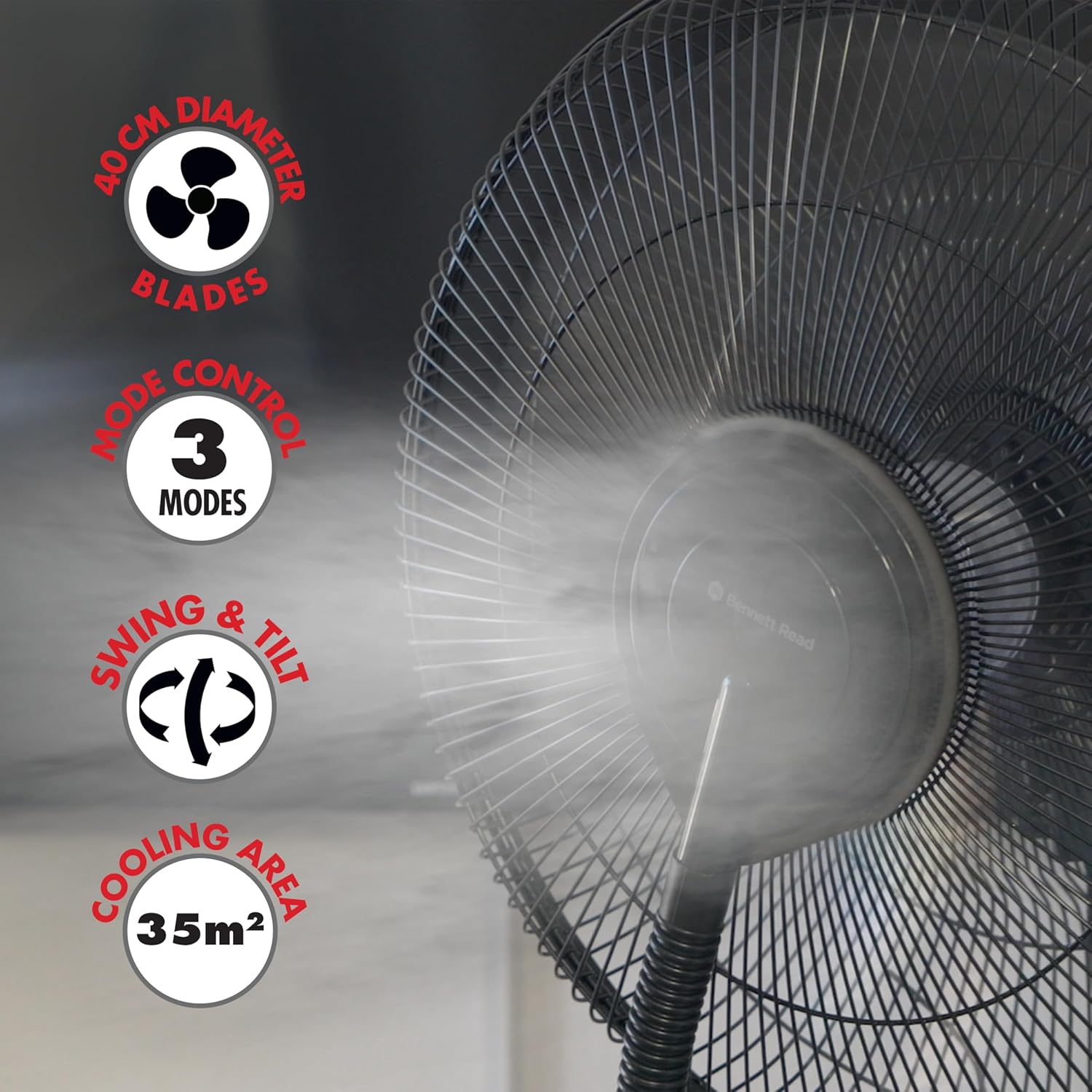 Close-up of the fan head with misting function active and feature icons
