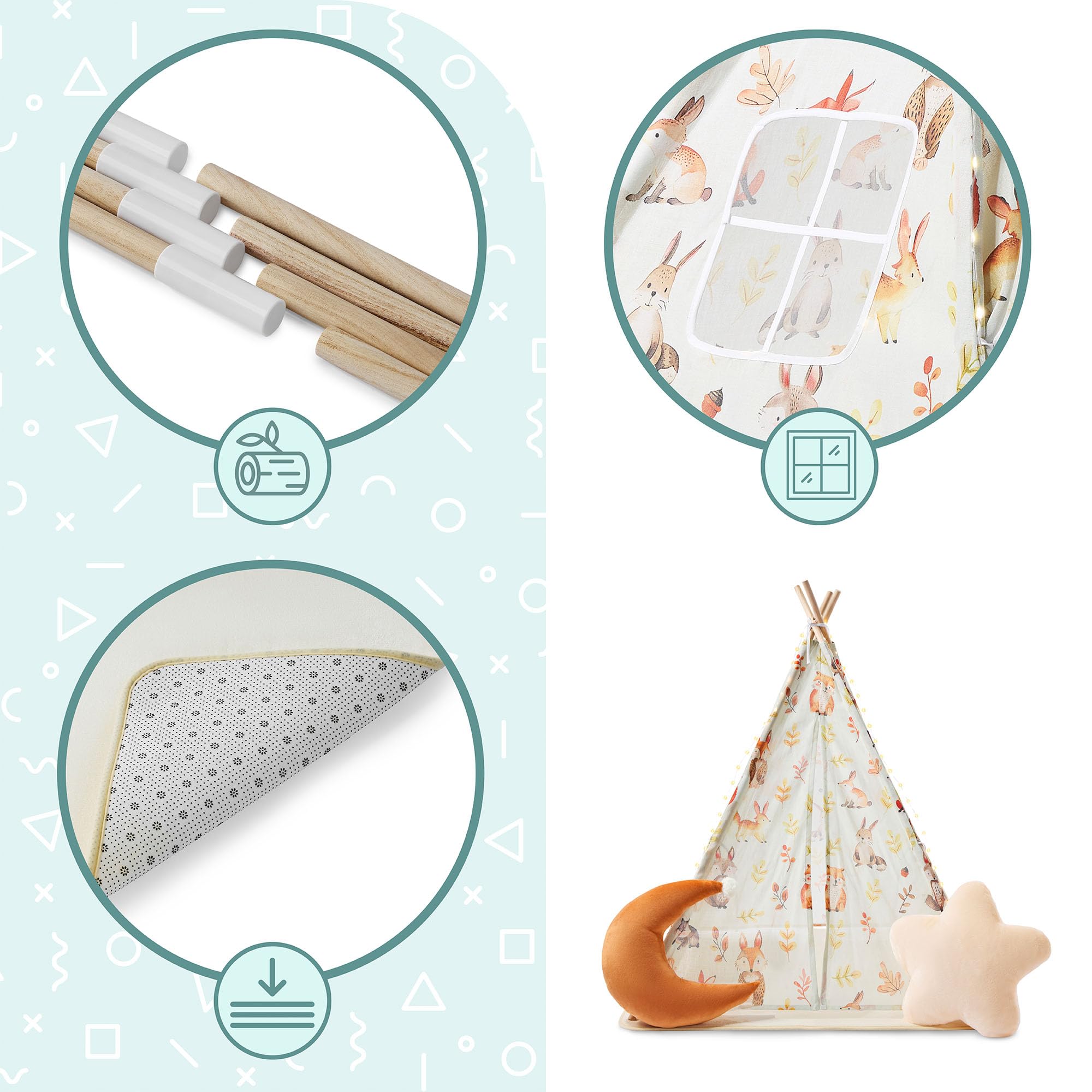 Mamabrum Tente Enfant Intérieur Forêt avec Tapis Rembourré, Coussins Décoratifs et Guirlande LED, Cabane de Jeu Chambre dès 3 Ans