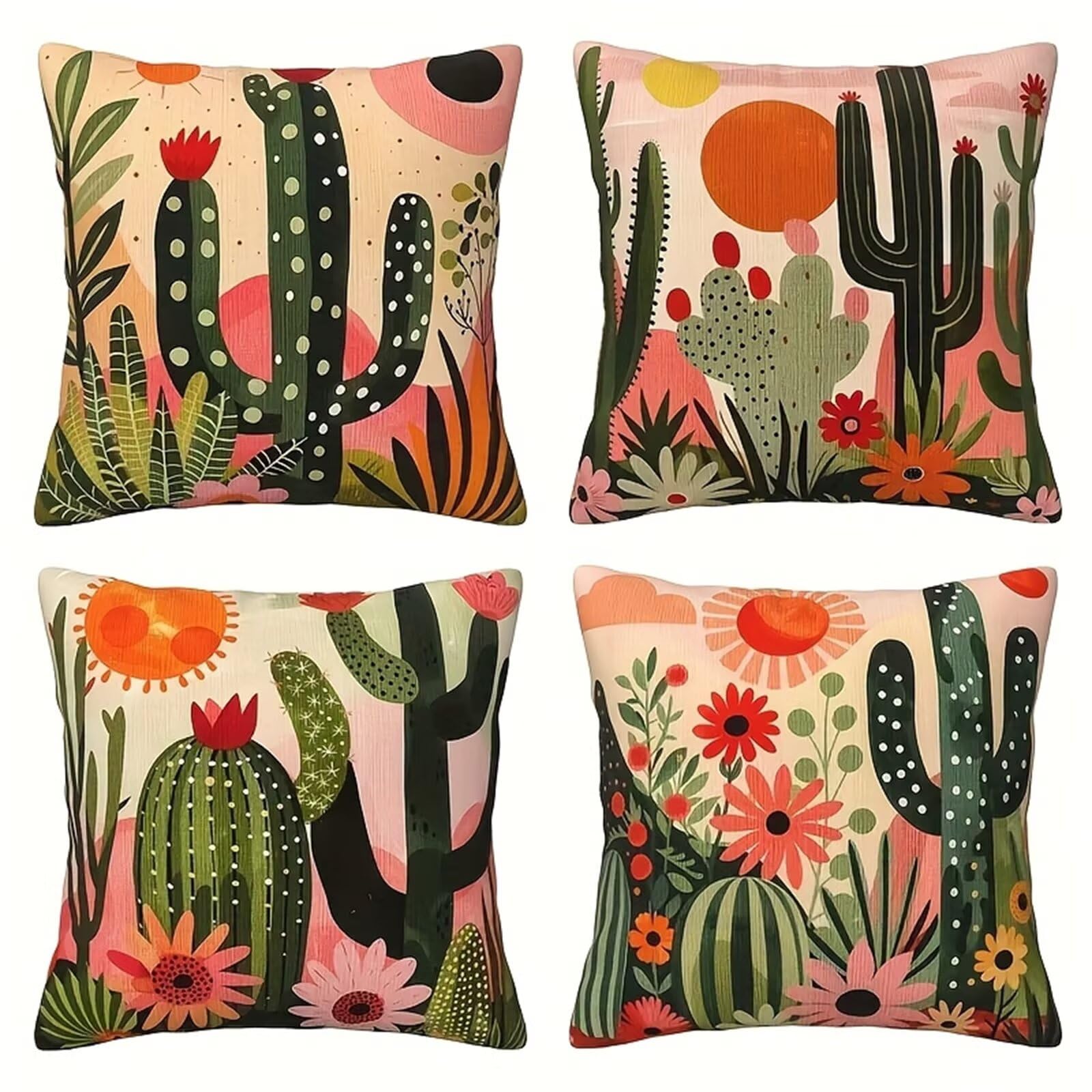 Taie d'oreiller carré en lin premium au motif cactus floral