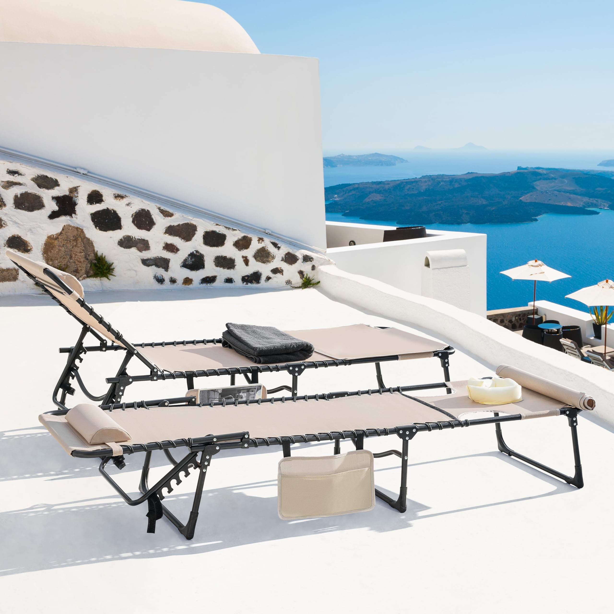 Avestar Sonnenliege Klappbar, Tragbare Gartenliege, 5-Fach Verstellbarer Liegestuhl inkl. Seitentasche, Kopfkissen und Gesichtsausschnitt, für Garten, Balkon, Terrasse, Strand und Camping, Taupe