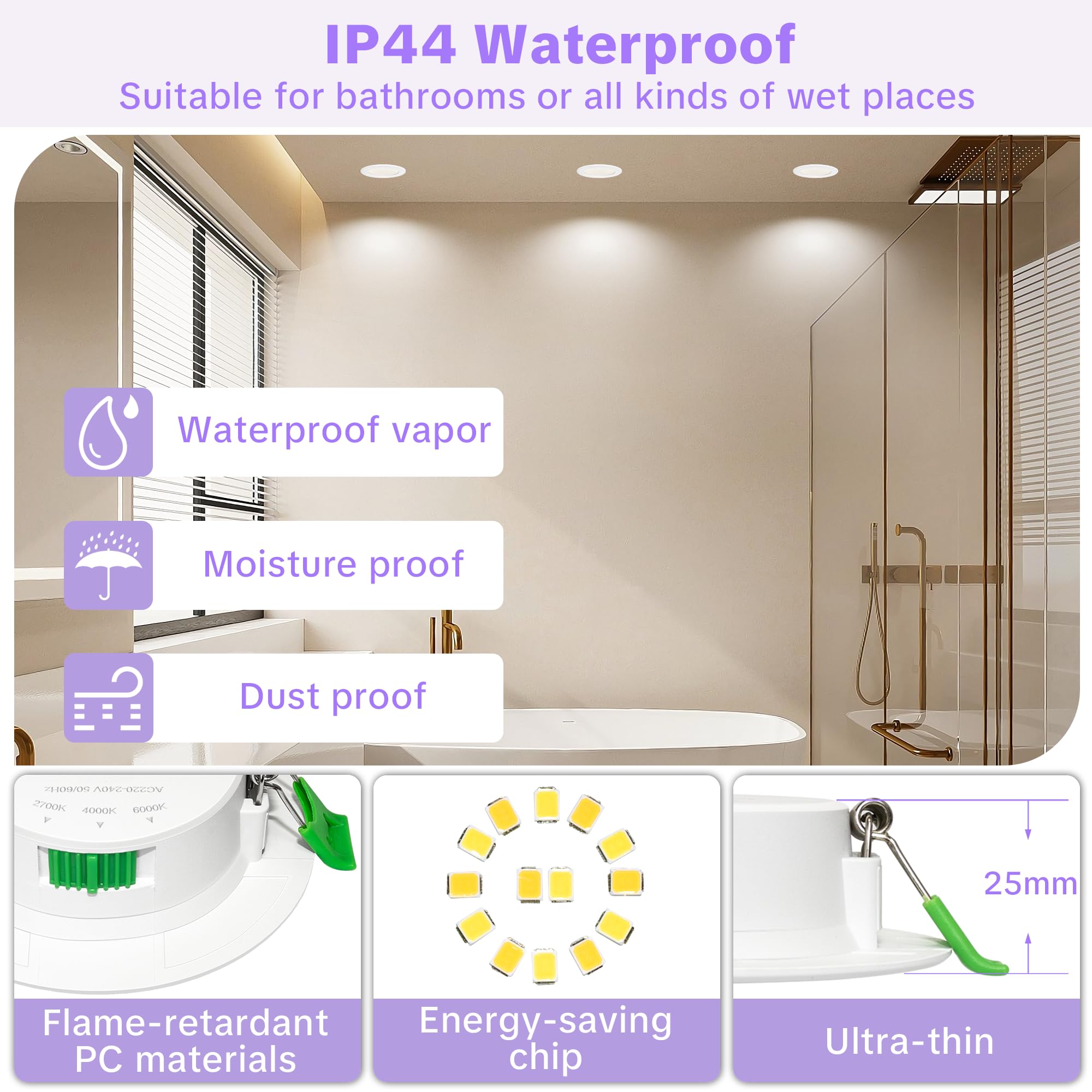 Downlight LED Techo Empotrable Extraplano 230V, 6W 750LM Focos LED Empotrables Techo Blanco Cálido Blanco Neutro Blanca Frío, IP44 Ojos de Buey, Corte 75-85mm, No Regulable, Blanco 10 Pack