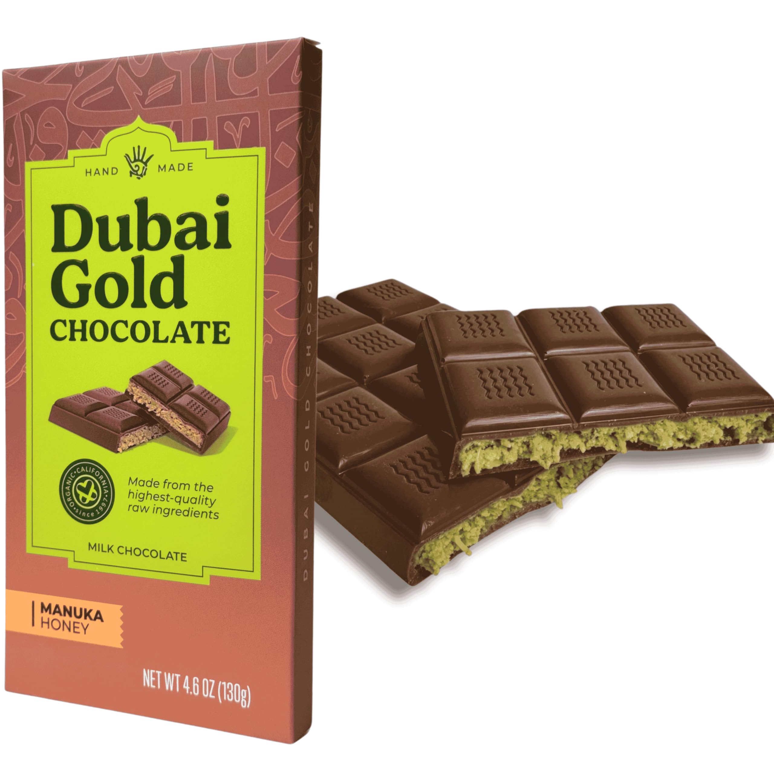 DUBAI GOLD MILK | Luxury Kunafa Pistachio Chocolate Bar 4.6oz | Gourmet Kataifi Dessert with Belgian Milk Chocolate, Pistachios & Manuka Honey | Freshly Made in California