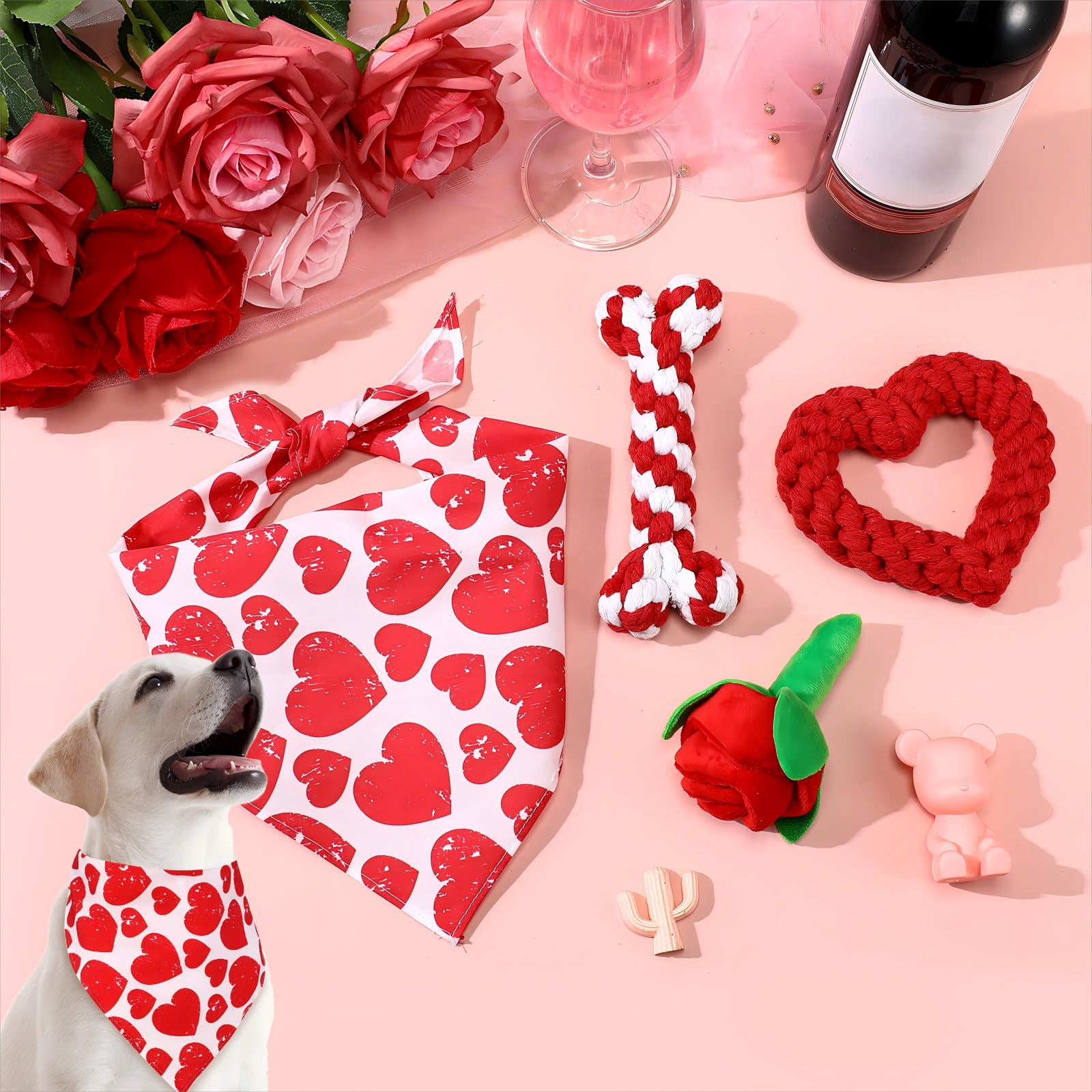 LEIFIDE Valentinstag Hund Kauspielzeug Bandana Set 4 Pack Valentinstag Rose Hundespielzeug Quietschendes Plüschtier Herzförmiges Hundeseilspielzeug Hund Baumwolle Haustier Seil Spielzeug für kleine,