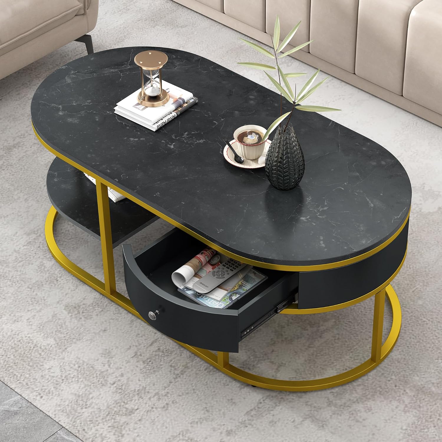 LUMISOL Marble Coffee Tables for Living Room, White Oval