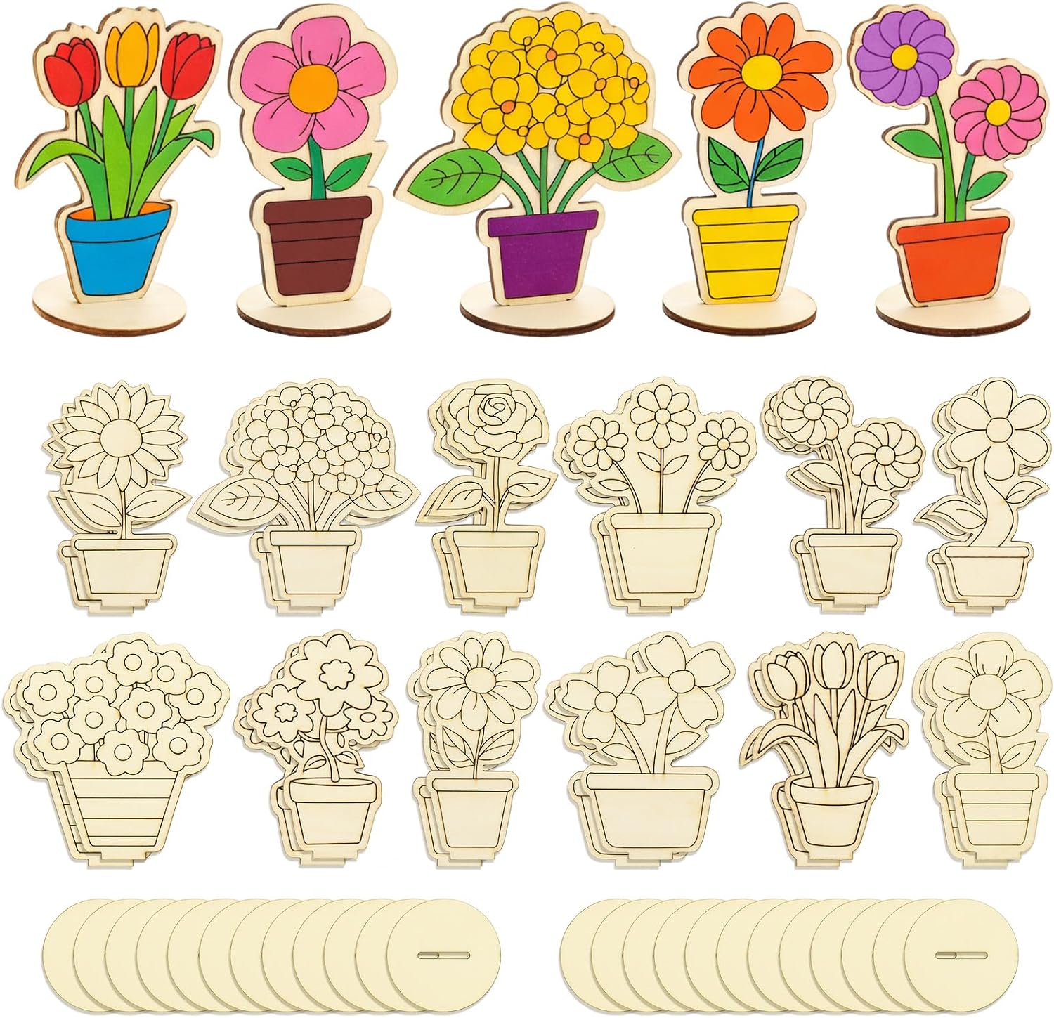 3D Wooden Flower Crafts to Paint, 32 Pcs Unfinished Wooden Spring Slices for Craft, 4 Styles Flowers Ornaments for Home Decoration