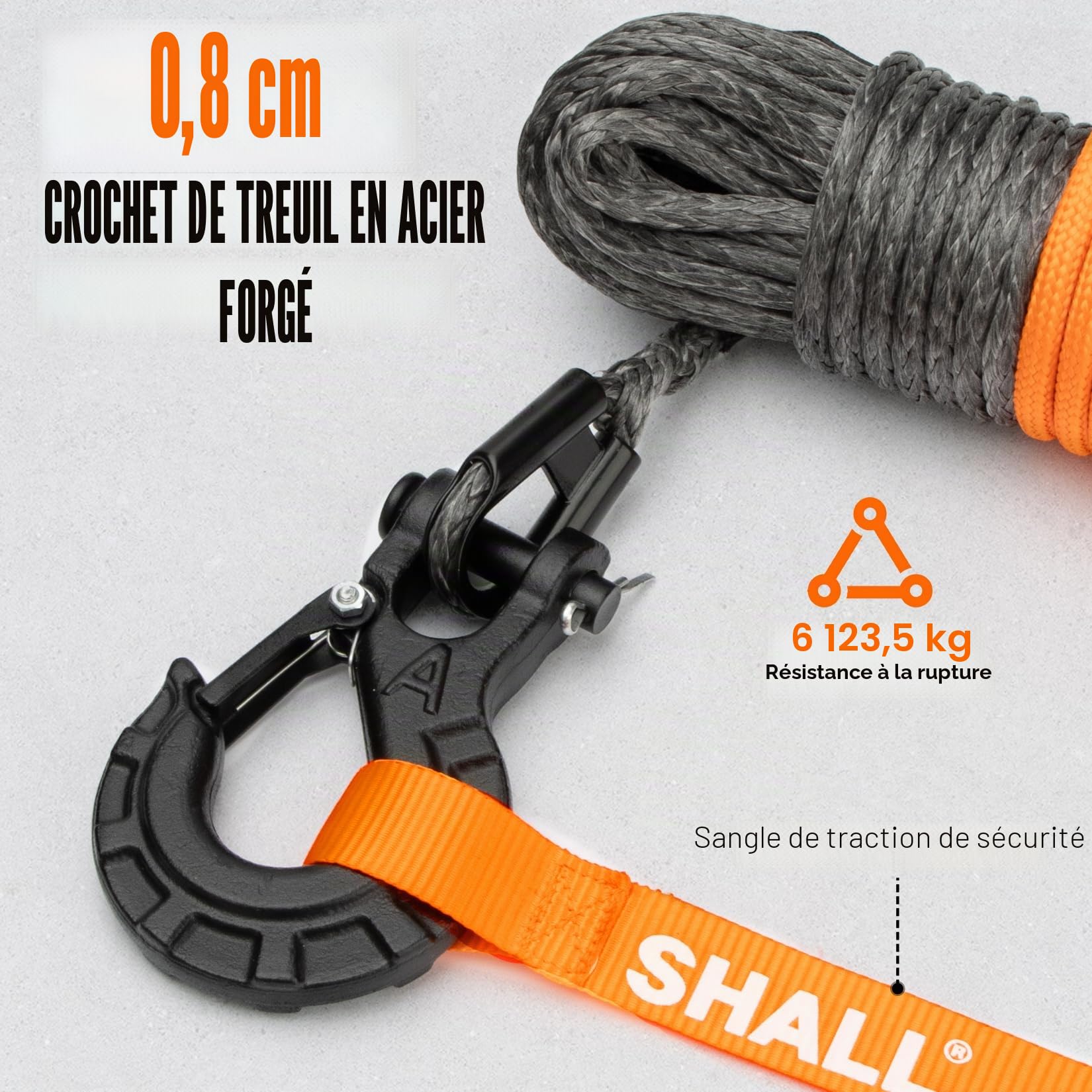 Shall Sangles et Cordes de remorquage, Corde synthétique pour treuil de 1/4 po x 50 pi (7,6 mm x 15 m), 5 tonnes (10 000 LB), avec Manchon de Protection, Crochet de treuil forgé et Sangle de sécurité