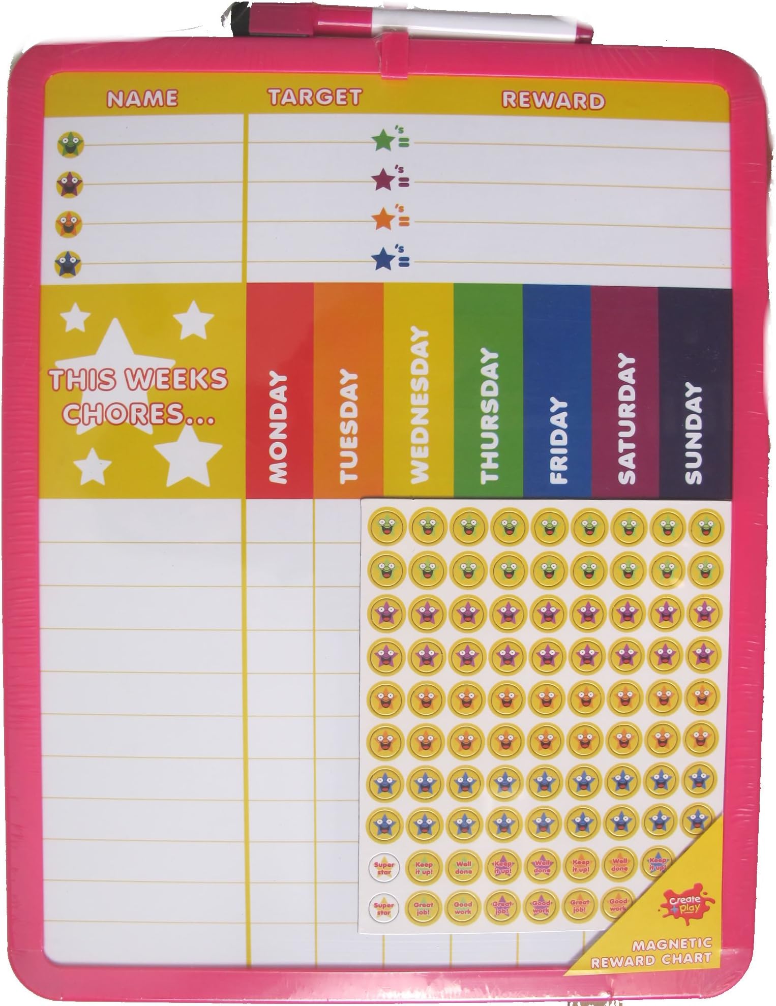 Reward Chart Supplied with Magnetic & 3M Pads, Stickers and Dry Marker (28 x 36 cm) Pink