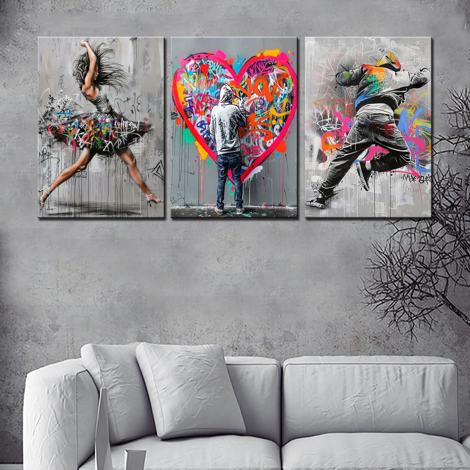 Banksy Graffiti Paintings, Dancing Girl, Love Word, 3 Piece Canvas Prints Framed Home Decoration, Ready to Hang, 120 x 60 cm (W x H) : Banksy