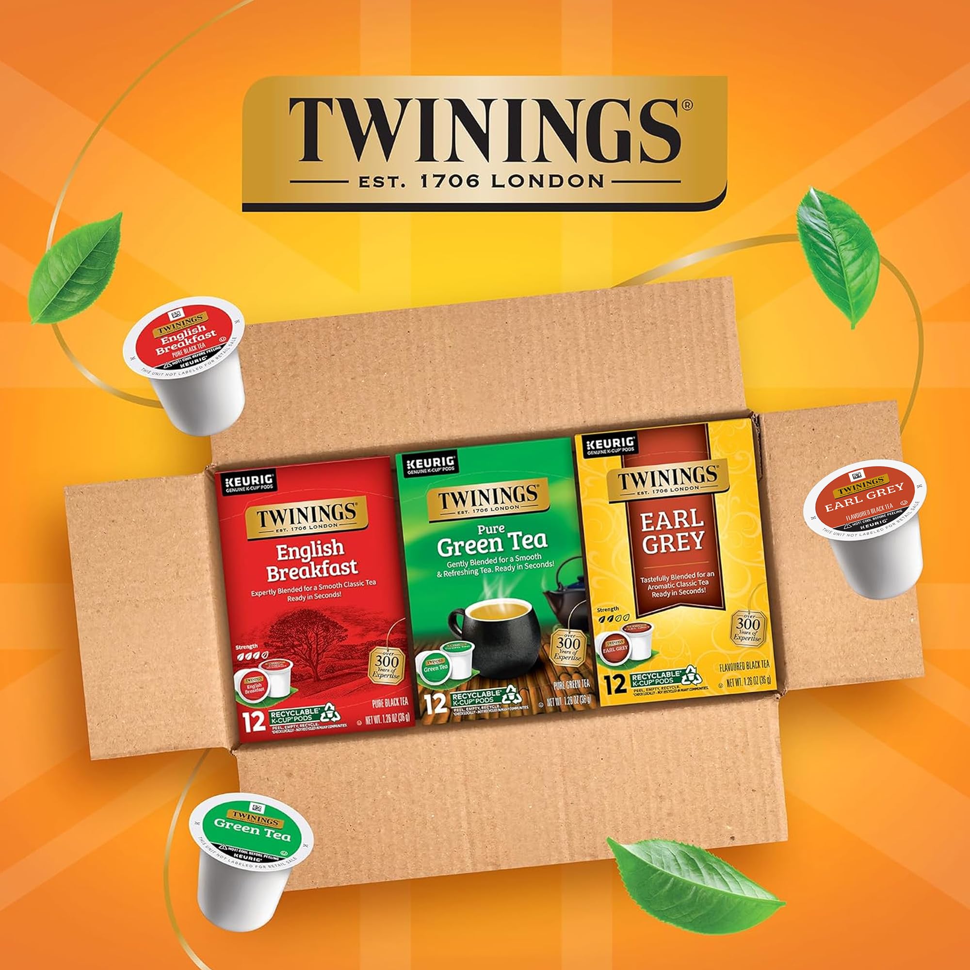 Twinings Tea Variety Sampler Pack K-Cup Pods for Keurig Single Serve, 12 Count English Breakfast, Verde Earl (Confezione da 3)