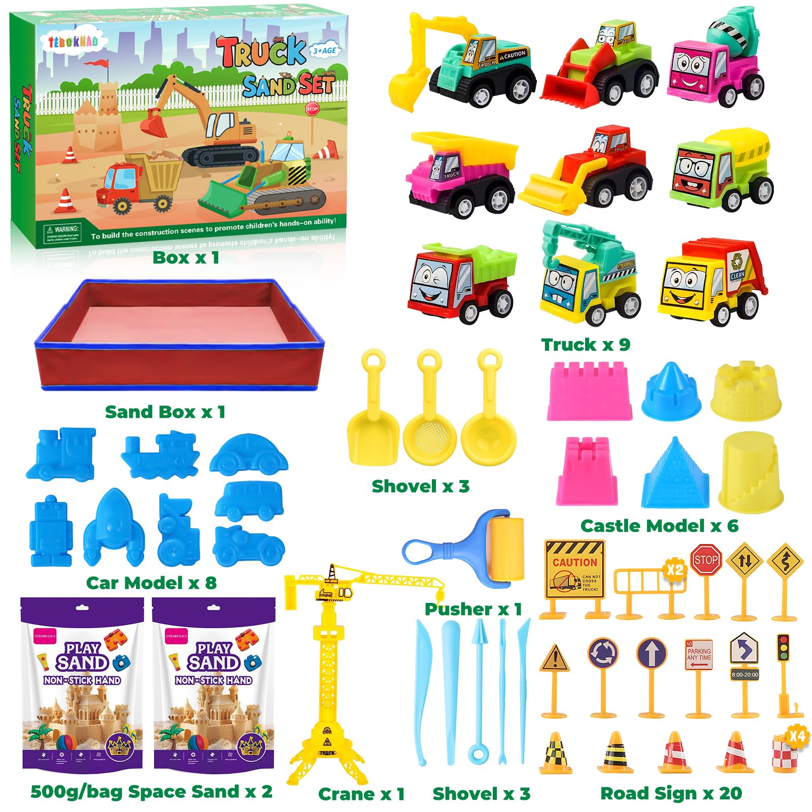 TEBOKHAD Sable Magique Enfant 2 Sacs, Véhicule Jouet, Avec Bac a Sable Enfant Exterieur Rabattable, Tracteur Jouet, Camion Jouet pour 3+ Ans Garçon Fille Cadeau