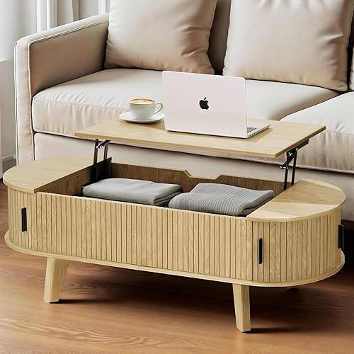 Mesa de café ovalada con almacenamiento, mesa de centro elevable de 47.2" para la sala de estar, mesa central moderna de madera estriada con puerta