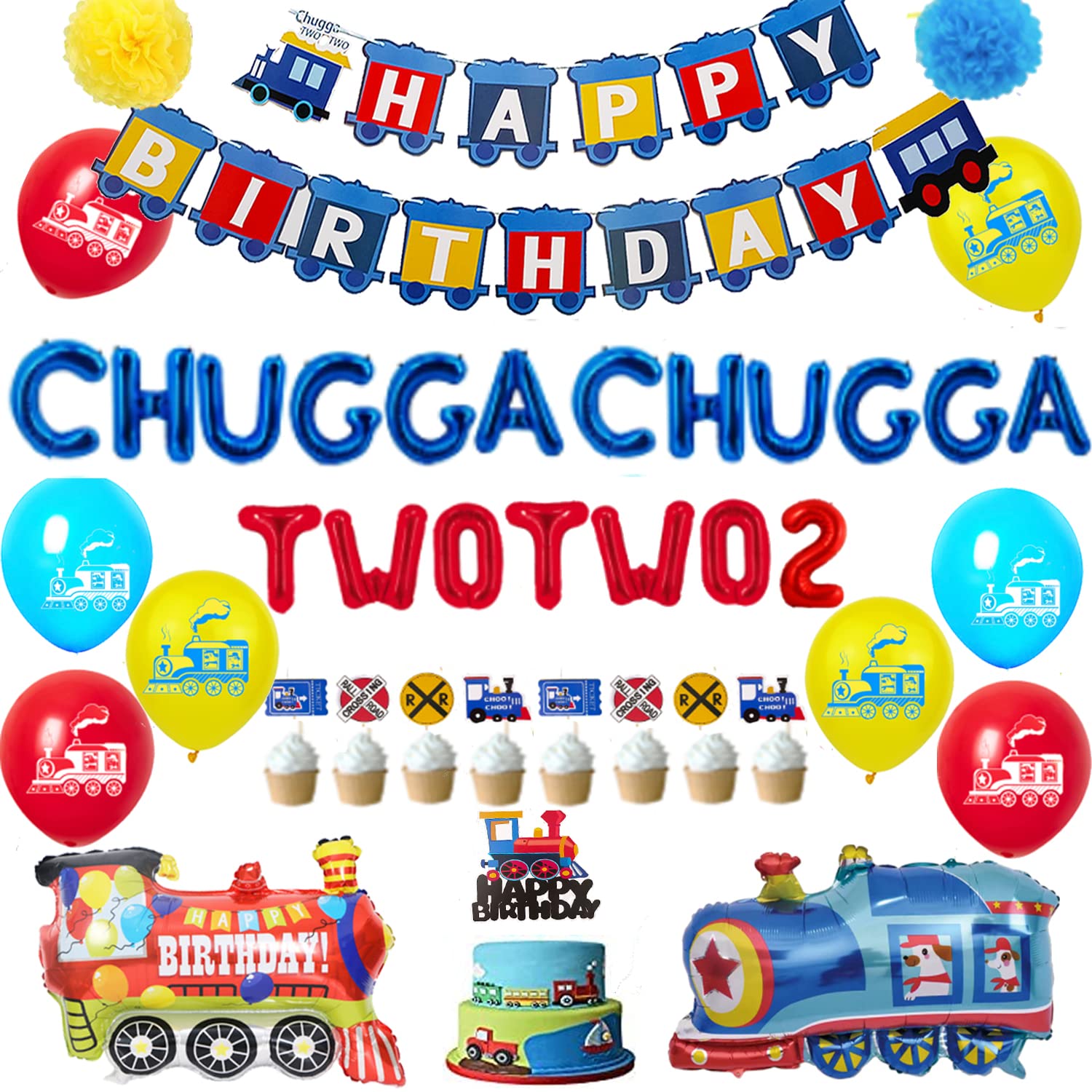 Finypa Chugga Chugga Two Two Party Decorations for 2 Years Old Boy, Railroad Train Crossing Theme Birthday Party Supplies - Chugga Chugga Two Banner, Cake Topper, Train Foil Balloons