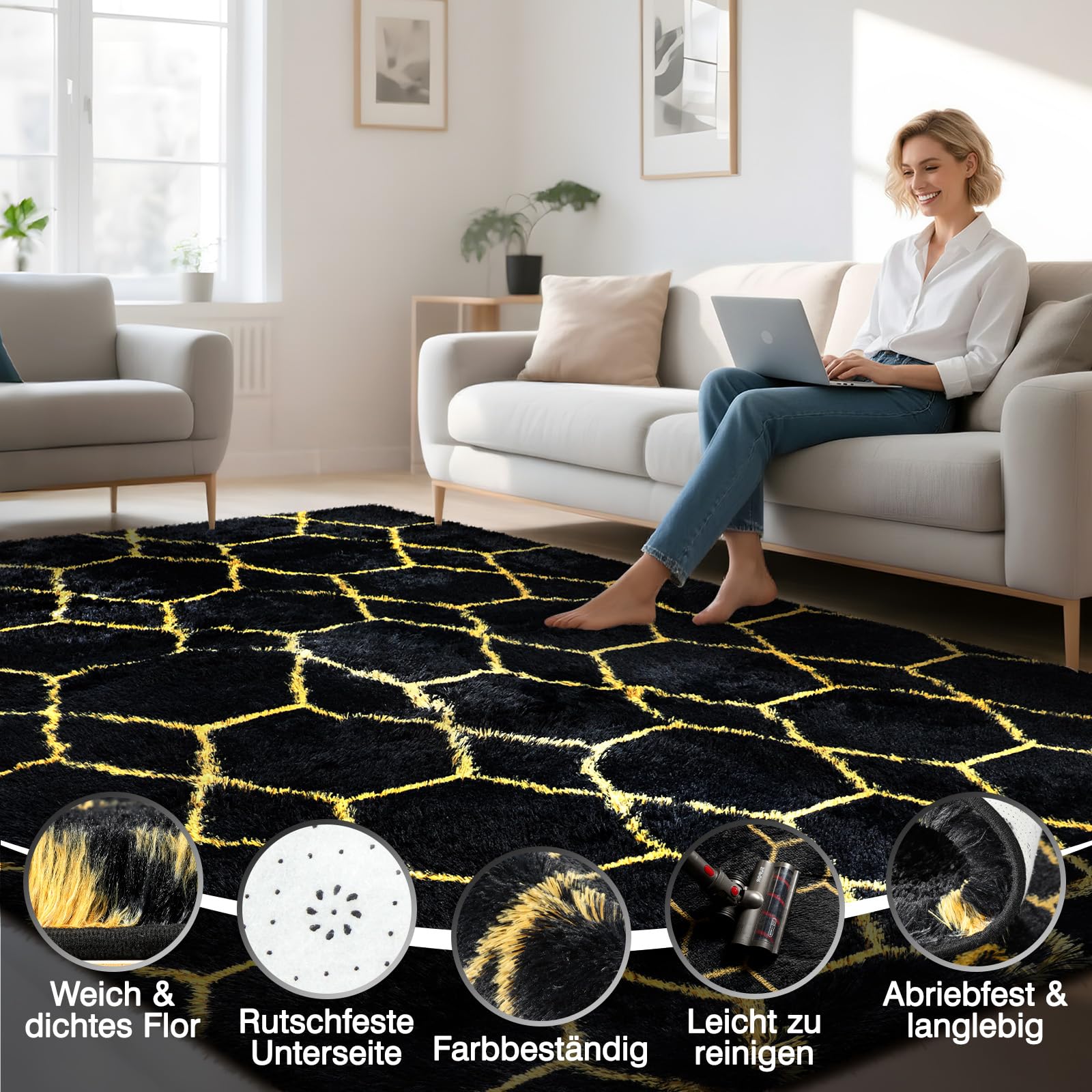 Hochflor Teppich Wohnzimmer 200x300 cm, Schwarz Gold Geometrisch